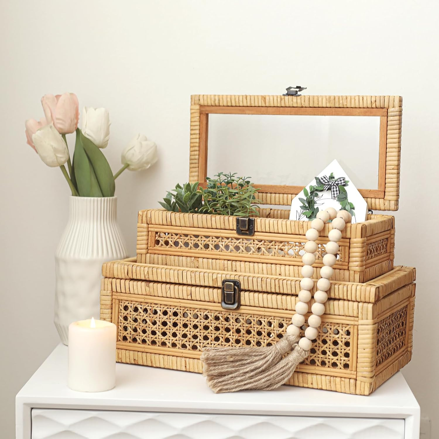 Boho Rattan Stacking Boxes with Glass Lids – Set of 2 for Rustic Decor