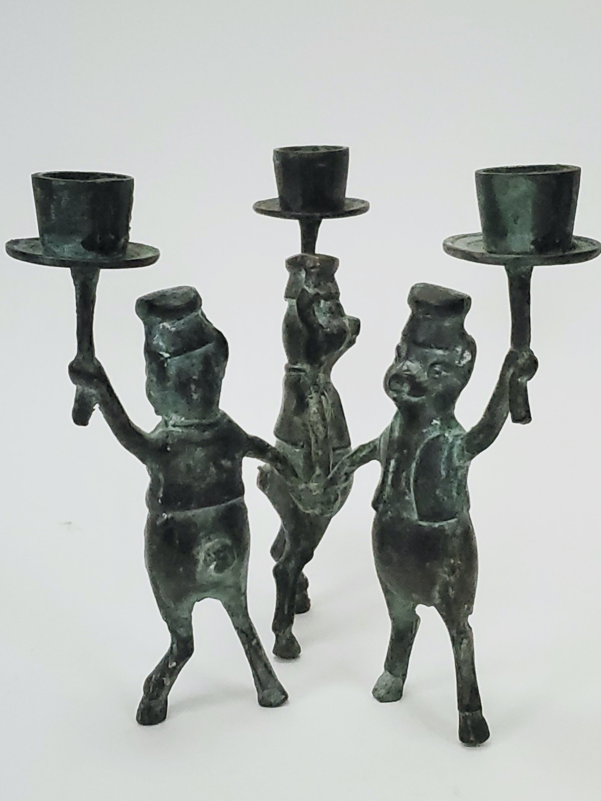 Antique Bronze 3 Little Pigs 6.5″ 3-Candle Holder Trois Petits Cochons Patinated