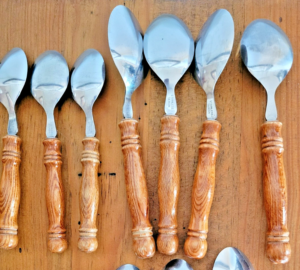 36 Pieces Vintage Old Homestead Flatware Utensils Wood and Stainless Steel