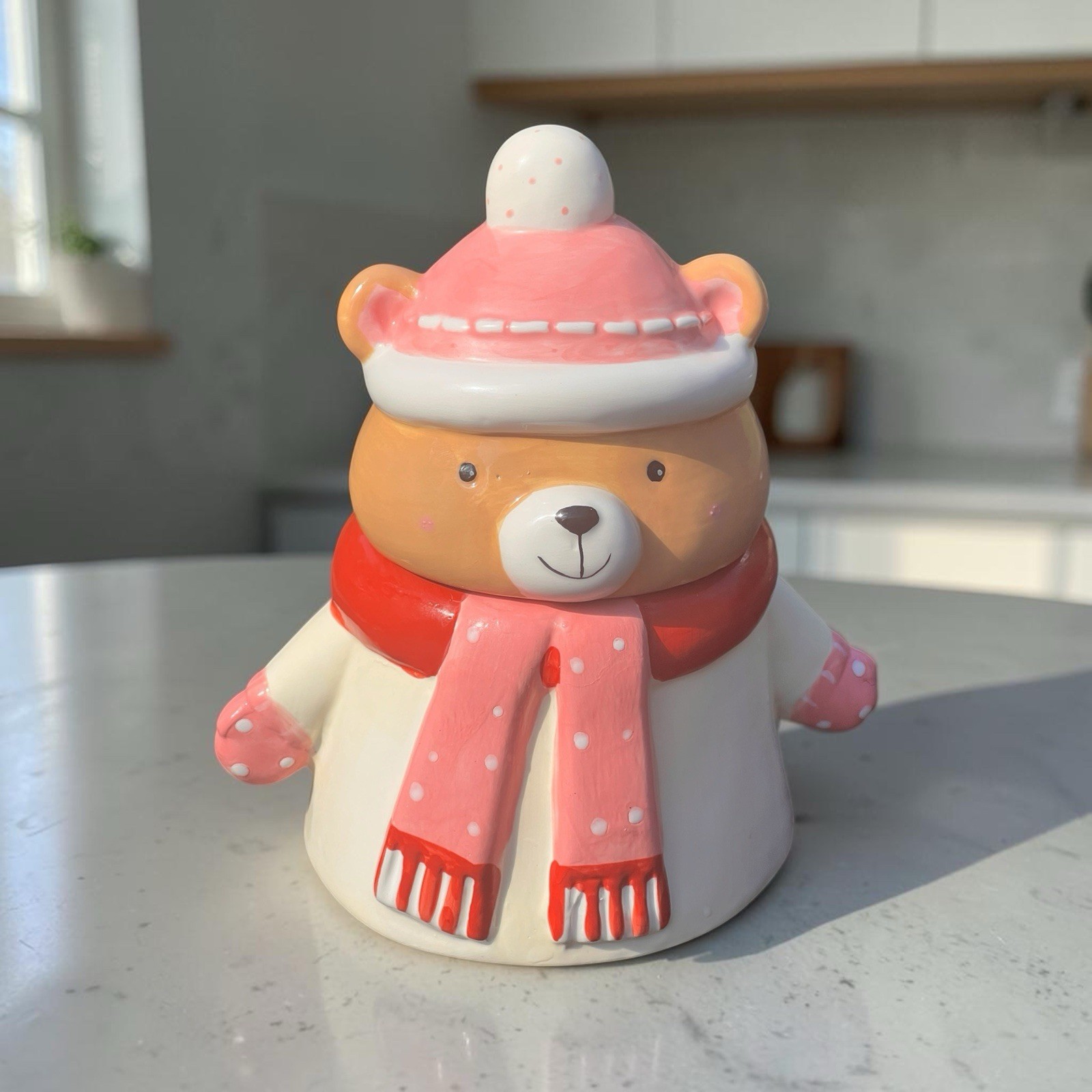10 Strawberry Street Bear Cookie Jar Christmas Pink Scarf Ceramic Canister
