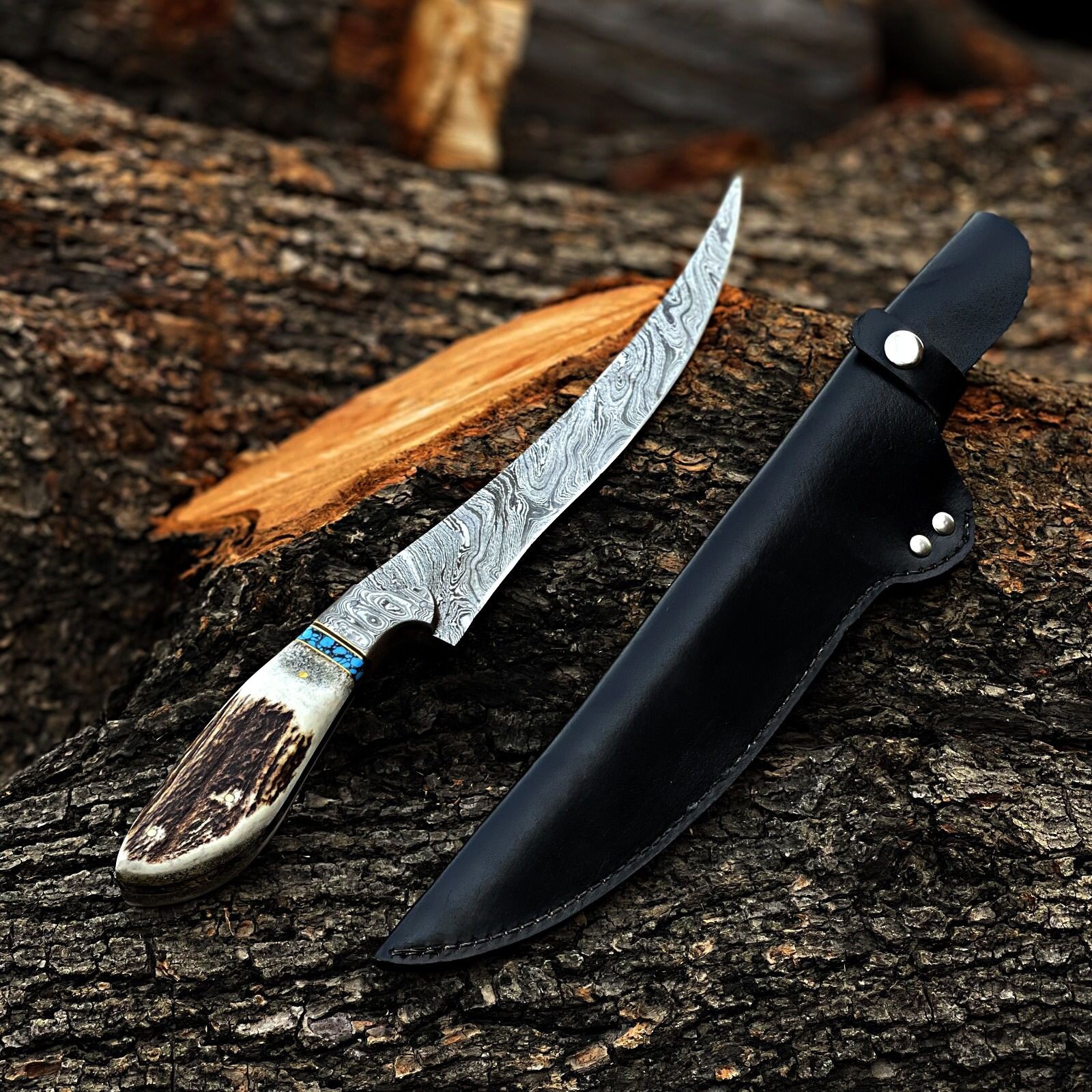 Handmade Damascus Steel Fillet Knife with Stag Handle&Leather Sheath-DFS016