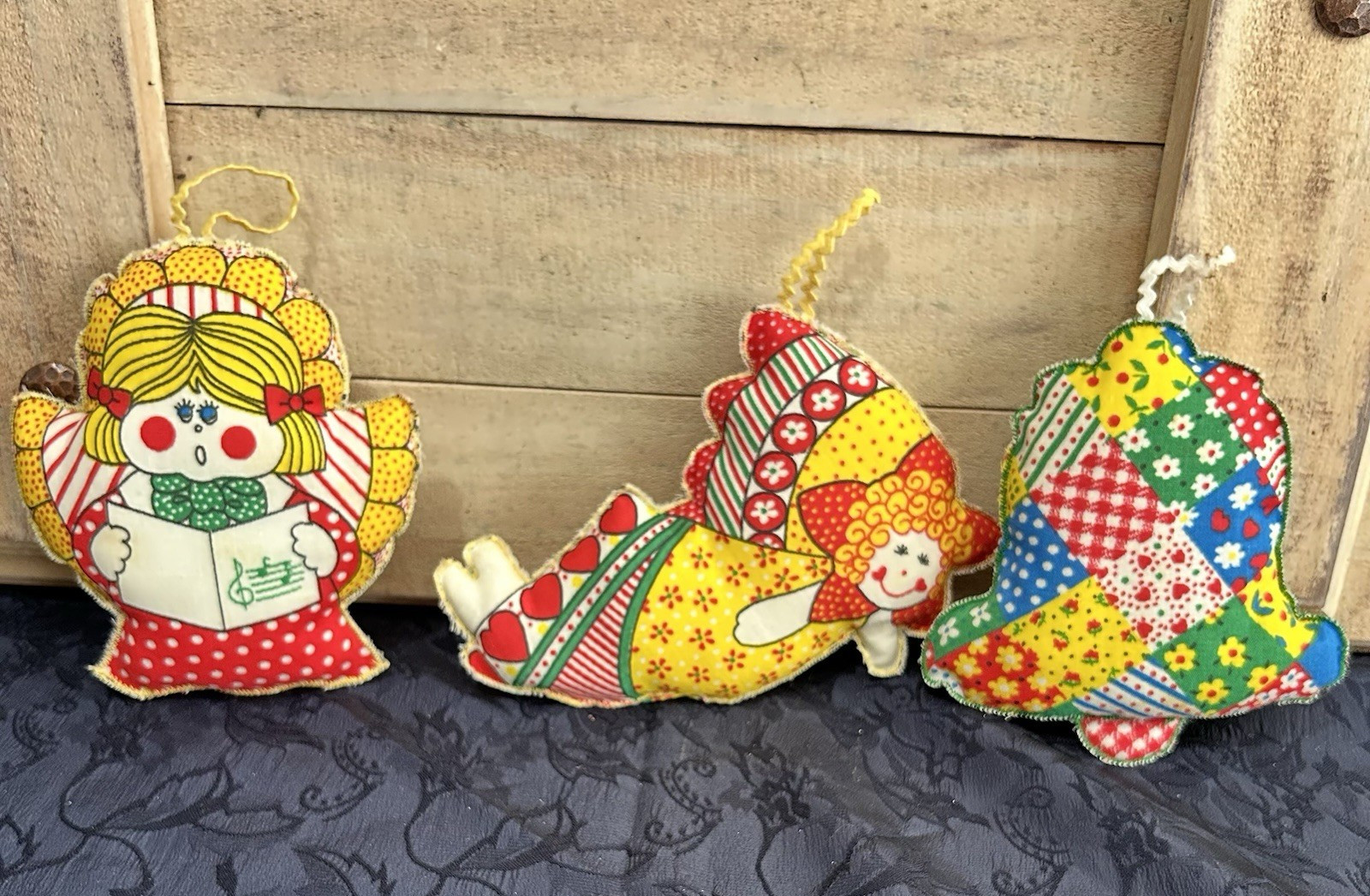 Set of 3 Vintage Christmas Ornaments Handmade Stuffed Fabric Quilted USA Calico