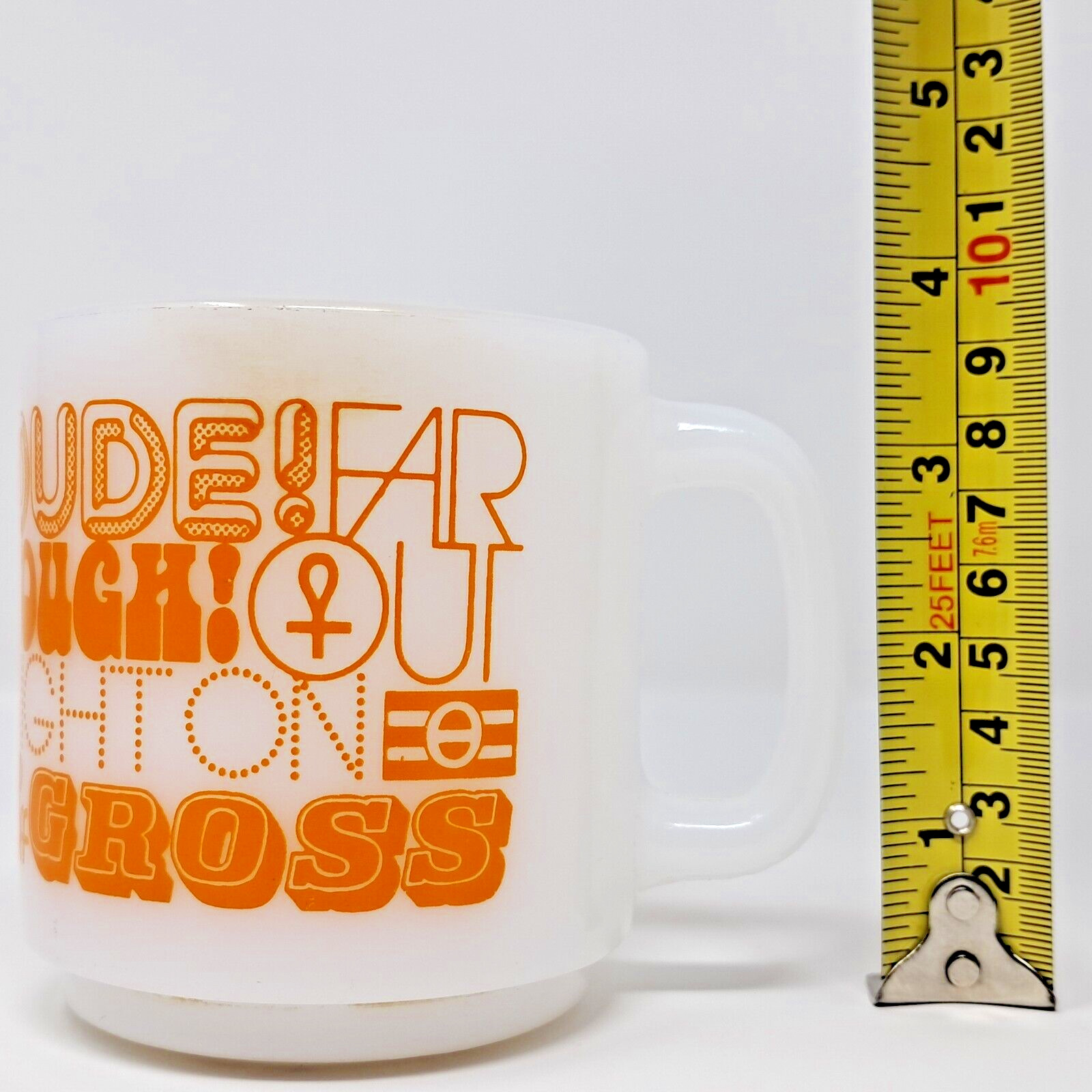 Glasbake 7 fl oz Milk Glass Coffee Cup white w/ orange graphics Vintage far out