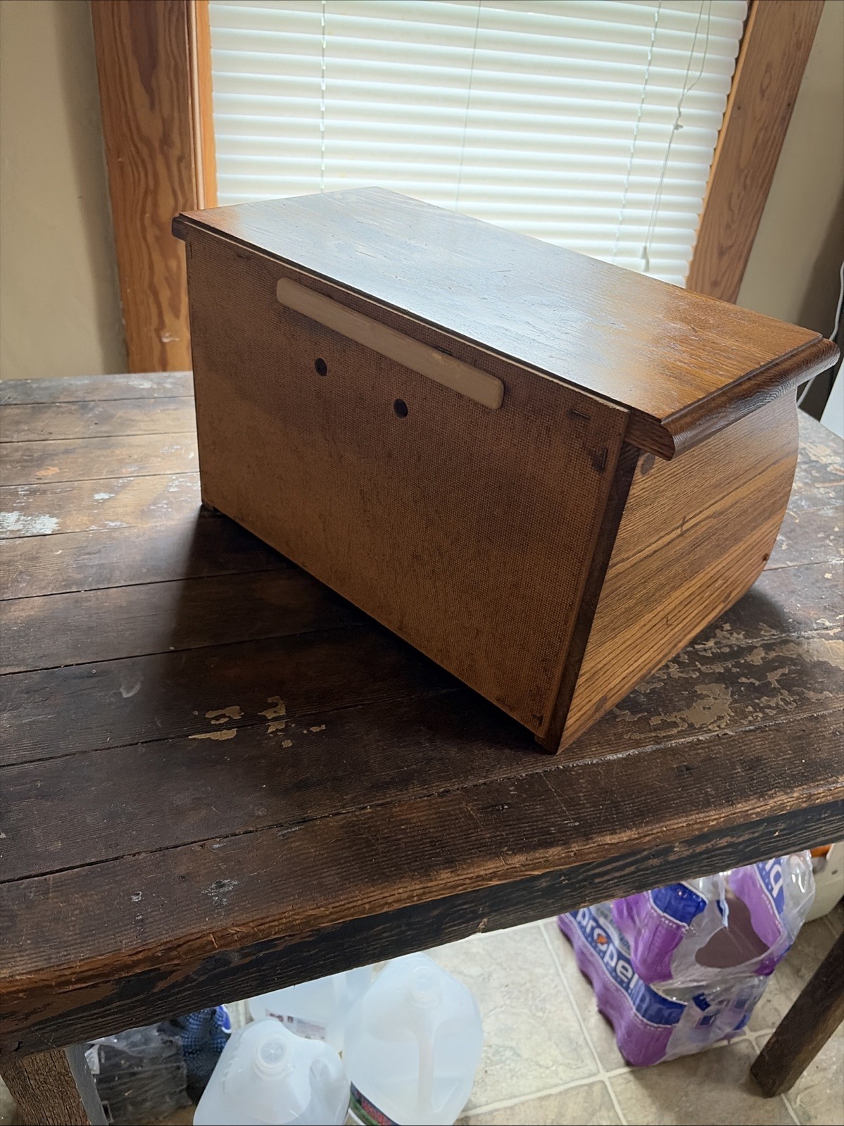 Beautiful Wood Bread Box Black Glass Drop Front 1970’s Vtg Country Kitchen USA