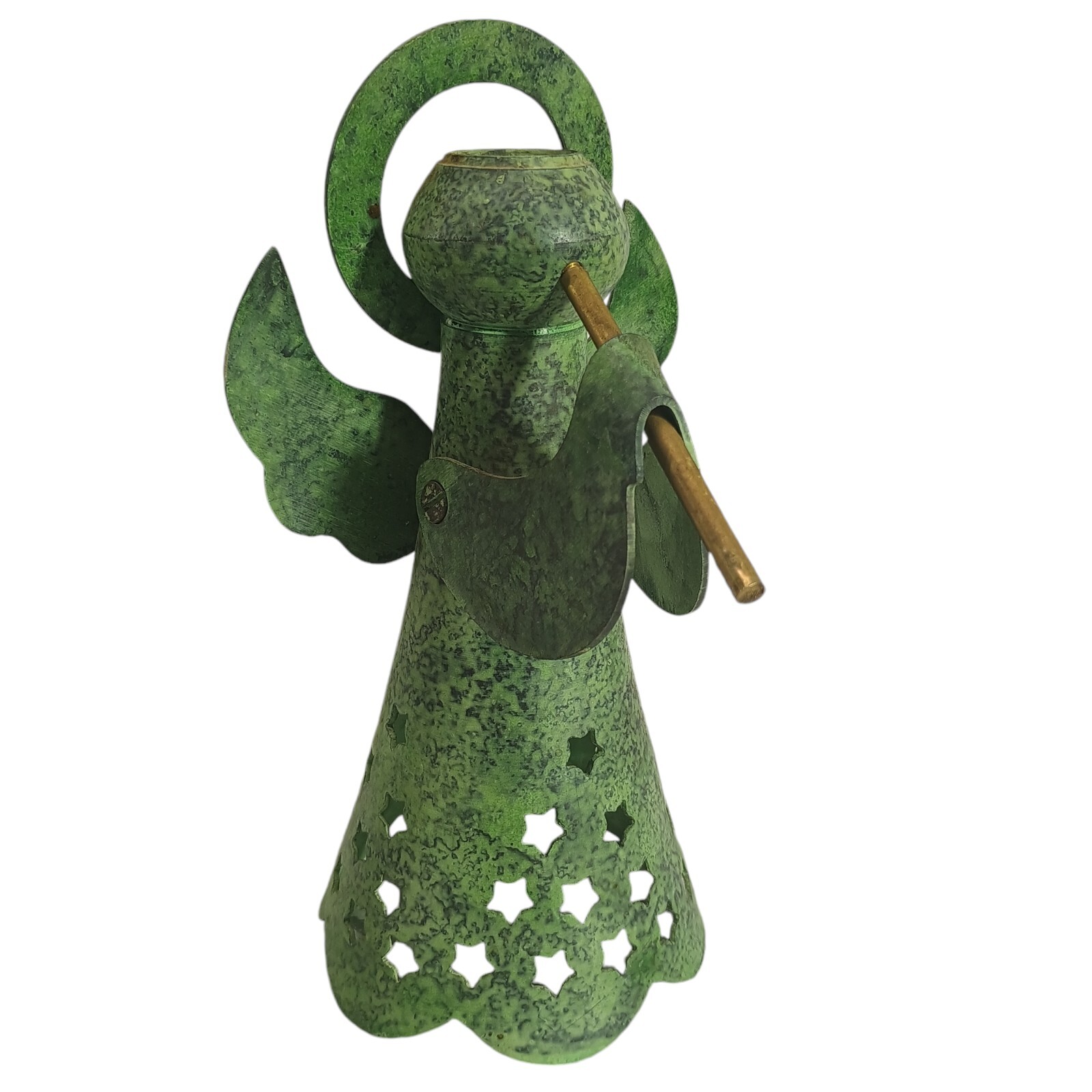 Archana Crafts Handmade Green Cast Metal Angel w/ Horn Candle Holder 7.5″ India
