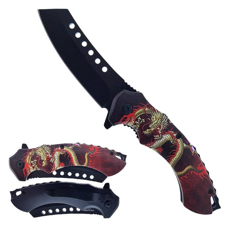KS 30175-2 4.75″ Red Dragon Print Butcher Blade Outdoor Camping Tool Multifuncti