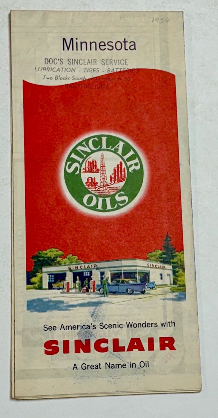 1956 Sinclair Oils Minnesota Highway Map Hampton Iowa Dealer Stamp