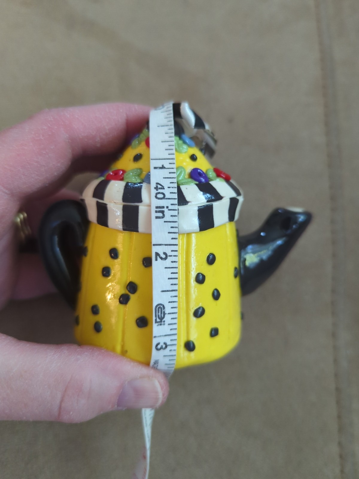 Mary Engelbreit Yellow W/Black Polka Dots Teapot Hanging Christmas Ornament