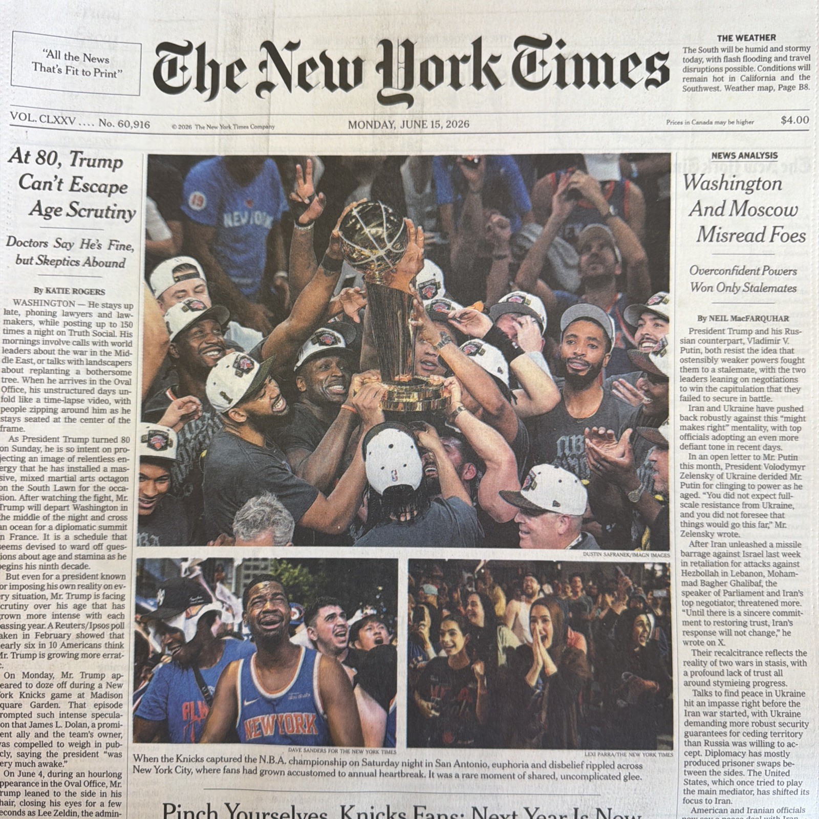 NEW YORK Times JUNE 15 2026 NEWSPAPER. NEW YORK KNICKS 2026 NBA CHAMPIONS