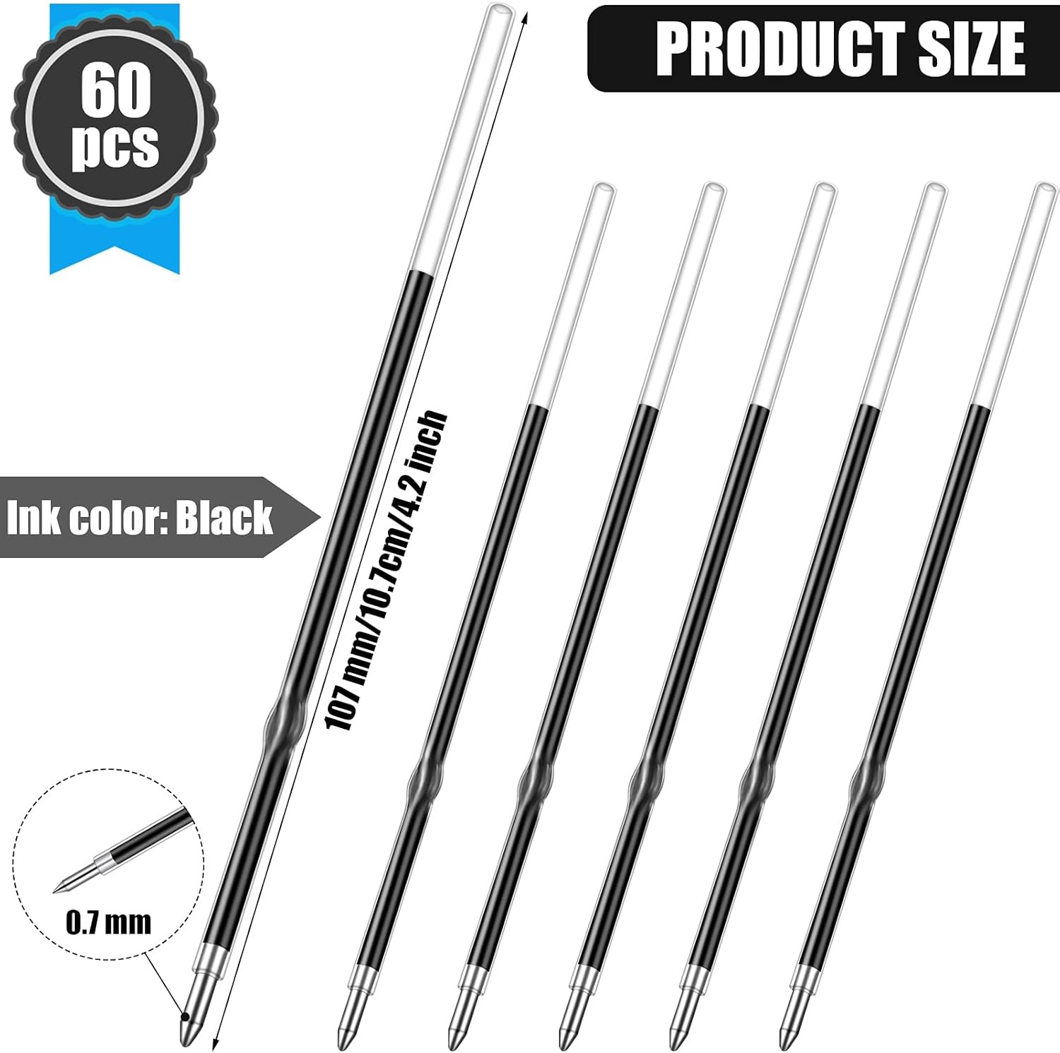 60 Pieces 0.7 mm Retractable Pen Refills Replacement Ballpoint Black
