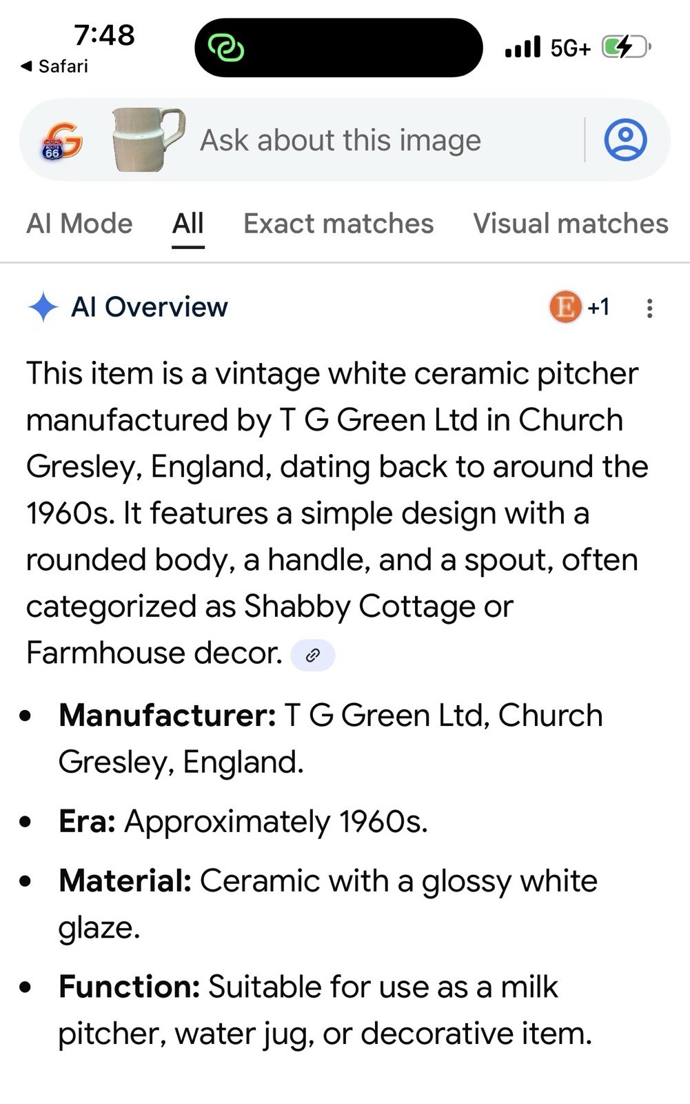 VTG CERAMIC PITCHER WHITE CREAM ENGLISH MILK WATER FARMHOUSE VASE DECOR 5 1/8”