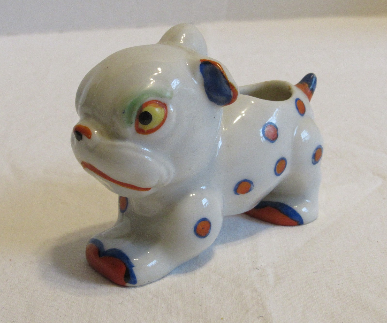 Vintage Kitsch Japan Polka Dot Porcelain Mad Dog Bulldog Figurine Vase Japan MCM