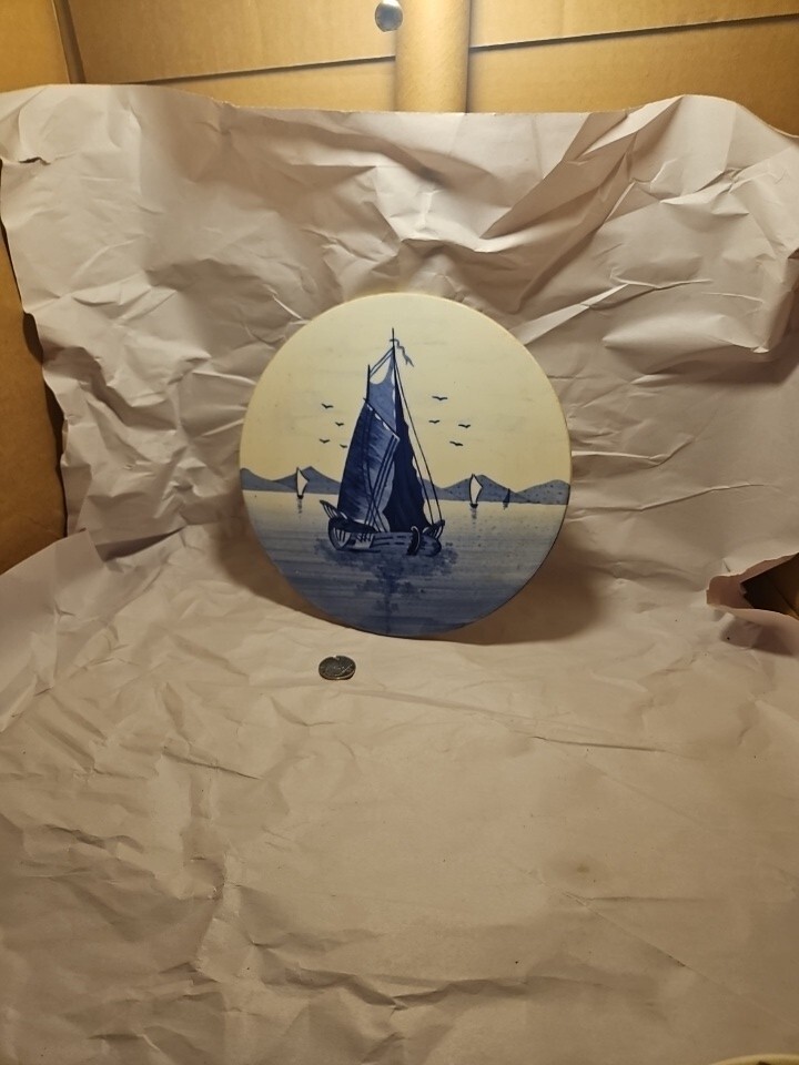 Delft Hand Painted Blue and White Sail Boat Trivet ROUND Vintage GERMANY