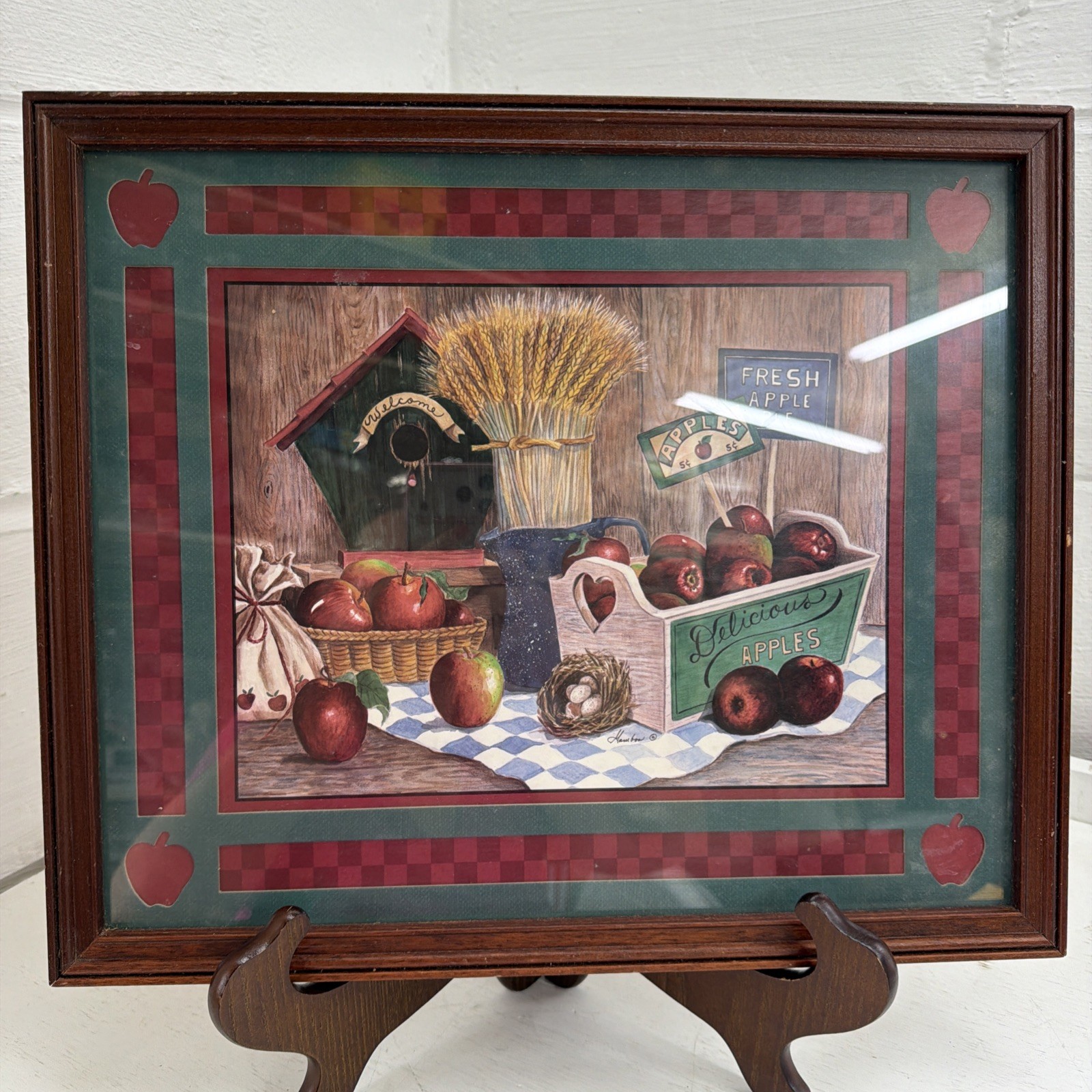 Vtg Home Interior Country Apples Double Matted Dark Frame Glass Signed 16×14