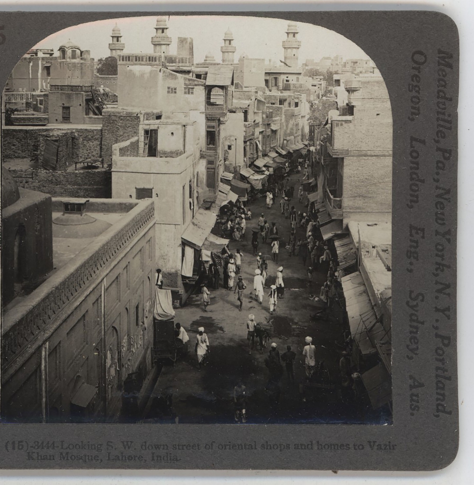 Oriental Shops & Homes to Vazir Khan Mosque Lahore India Stereoview c1910