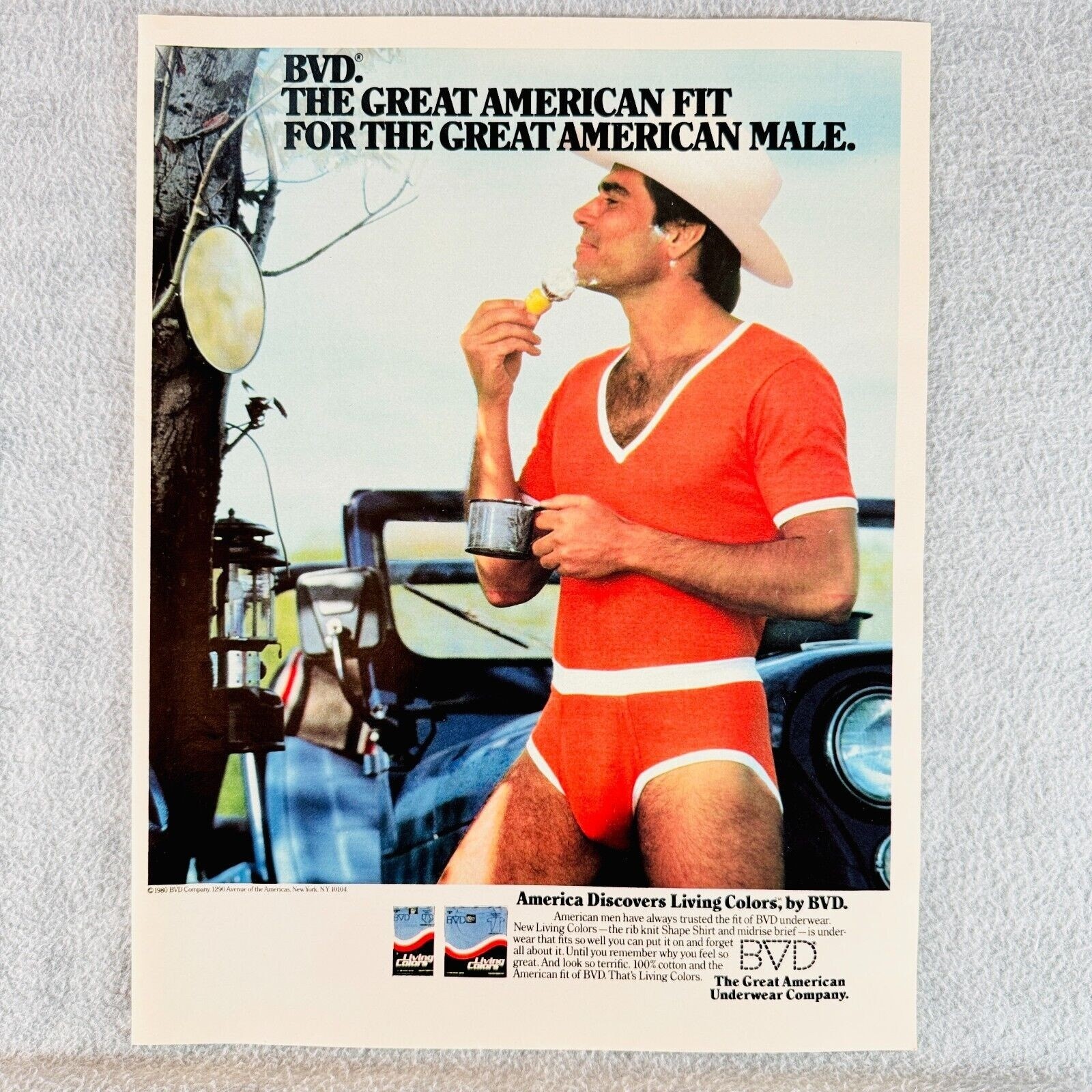 1980 BVD Mens Underwear Vtg Print Ad Tighty Red Cowboy Hat Shaving Hairy Chest
