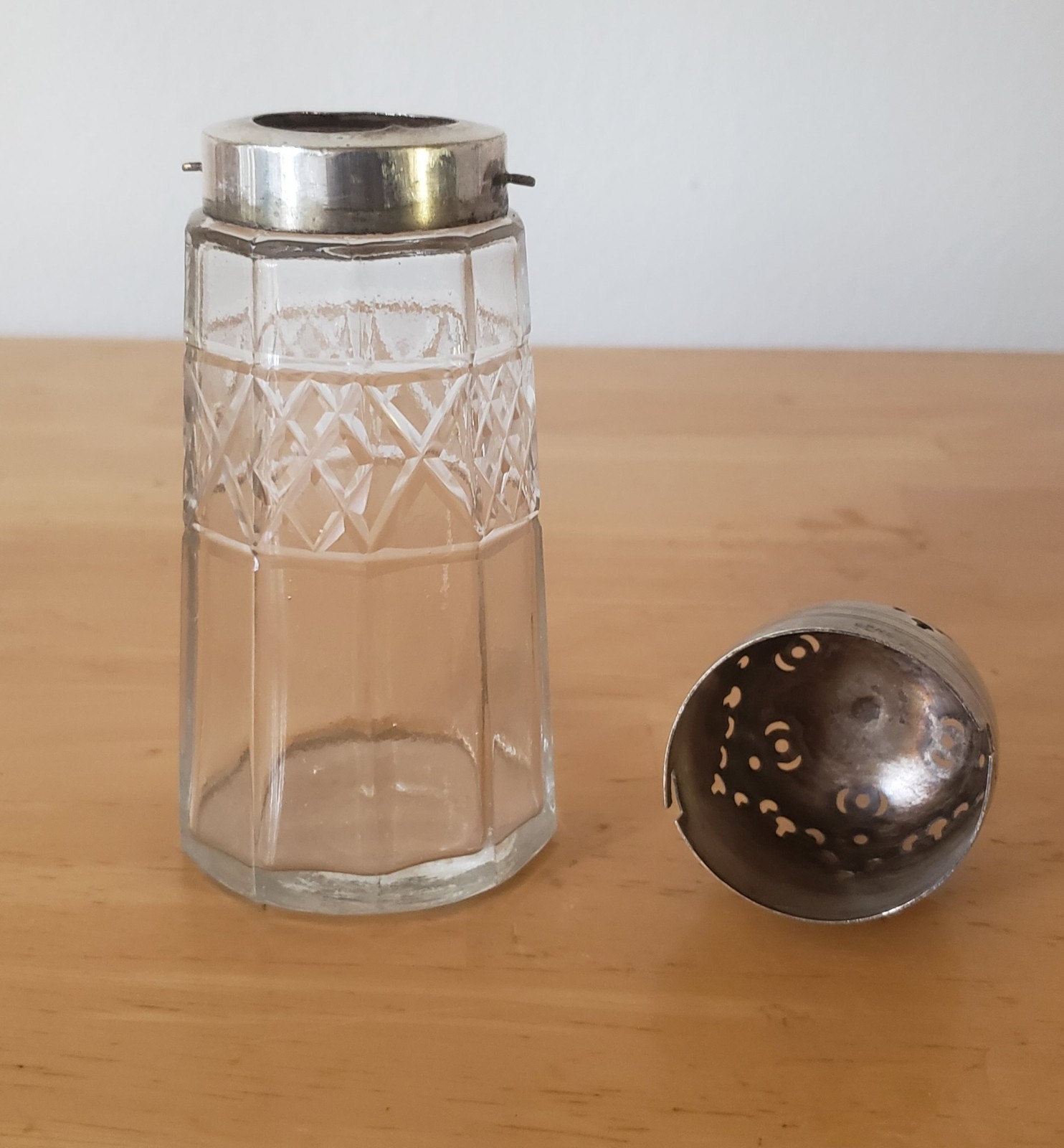 Antique Cut Glass Sugar Sifter Caster Muffineer Shaker Safety Latch Lid 6.5″h