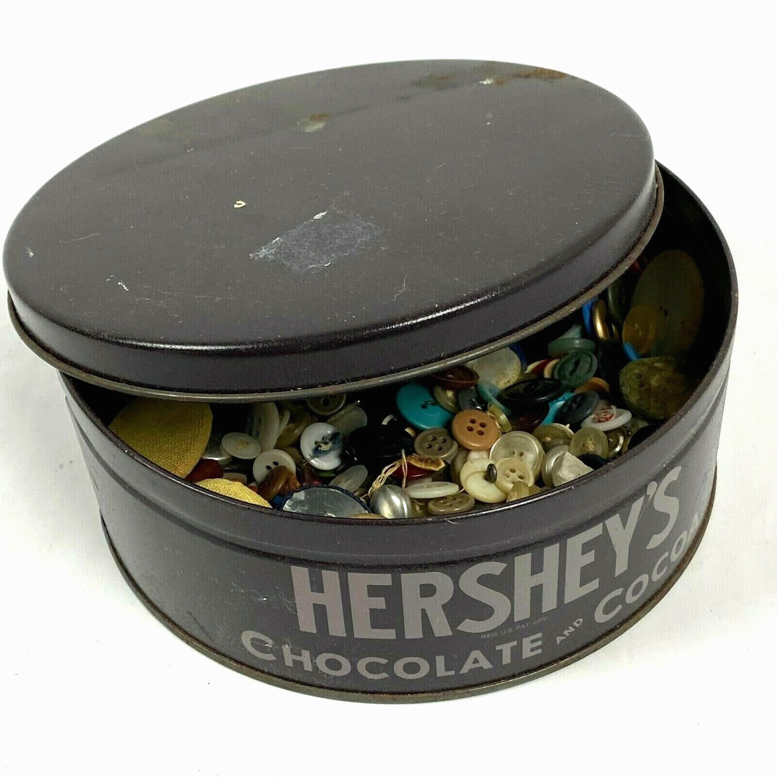 1 lb Buttons & Hershey Chocolate Tin Multi Color Large Medium Small Vintage