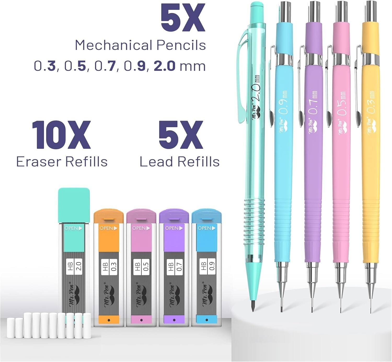 Comfort Grip Pastel Mechanical Pencils – 5 Sizes, Lead & Eraser Refills Included