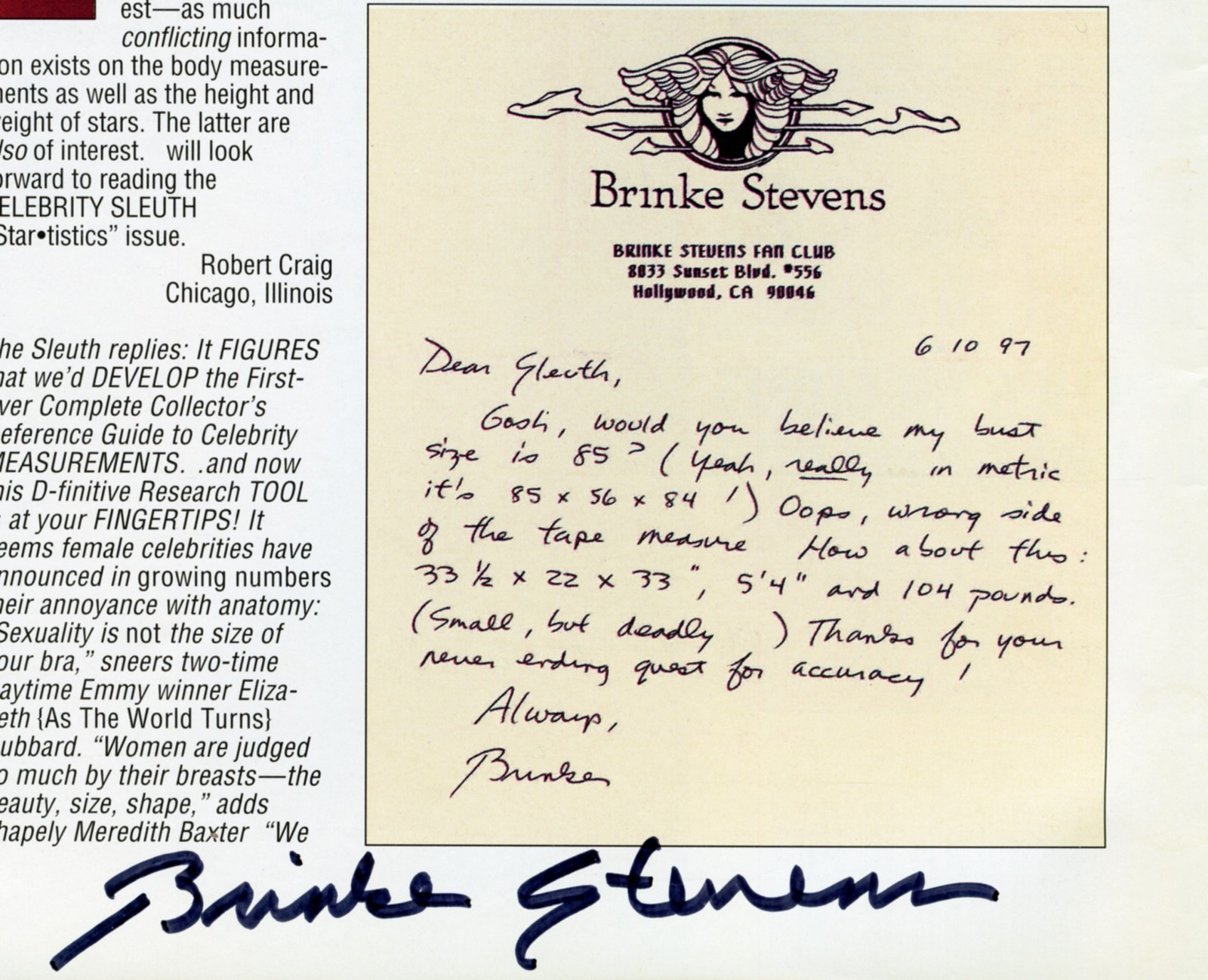 AUTOGRAPHED MAGAZINE CS BRINKE STEVENS COLLECTION , SIGNED BY BRINKE STEVENS