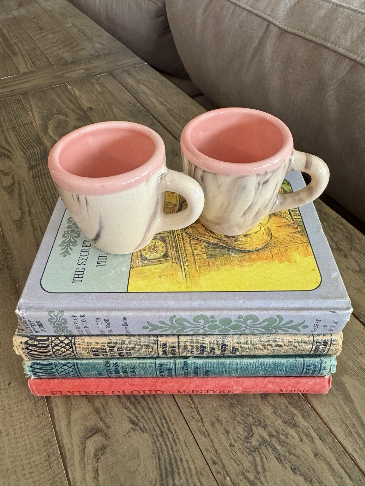 Set Of Two (2) Cream & Gray Glazed Ceramic Espresso Mugs With Peach/pink Inside
