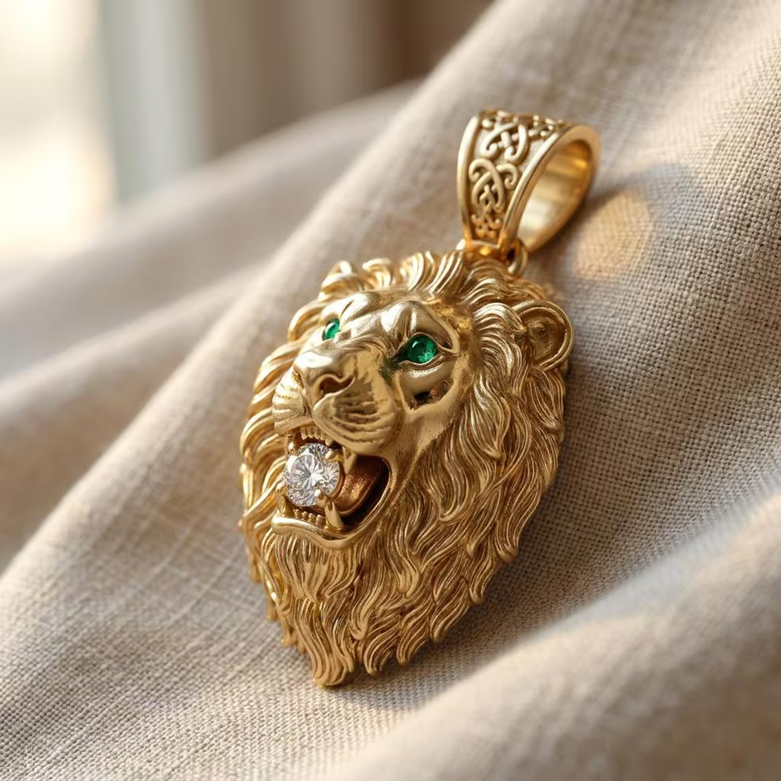 14K Yellow Gold Plated Lion Head Pendant Green Emerald Eyes Round Cut Moissanite
