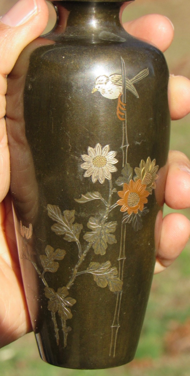 Vintage 1945-50 Japanese 5″ Bronze MIXED METALS Bird Flower Vase CPO Hallmark