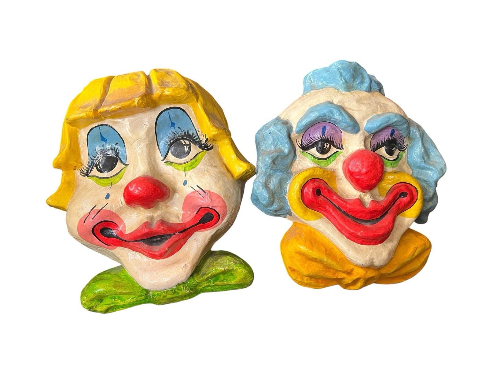 Pair of Large Vintage Papier Mache 3D Clown Figure Carnival Decor Wall Hangings