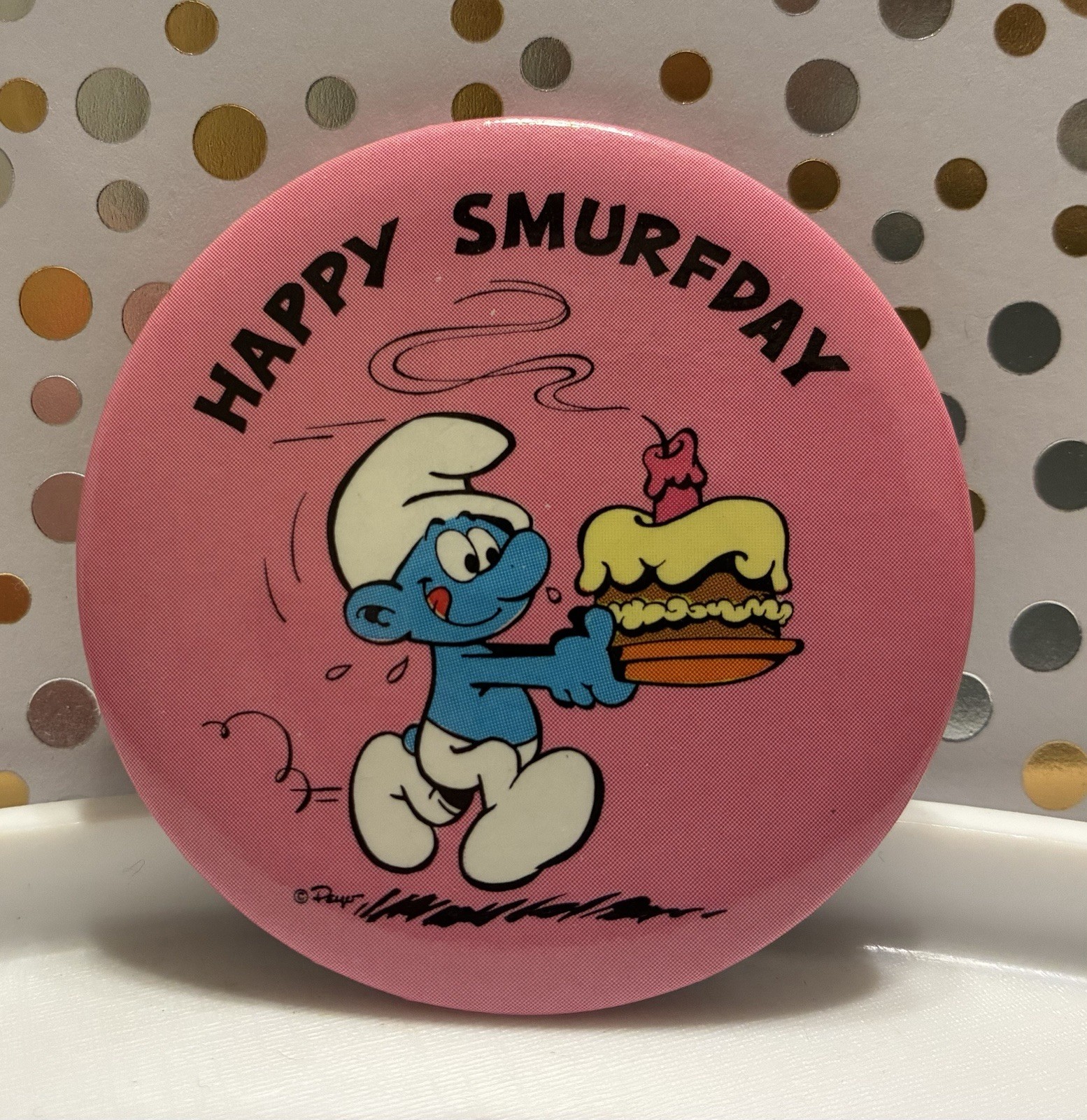 Vintage 80s Birthday Smurf Pin-Back Button 2.5 inches