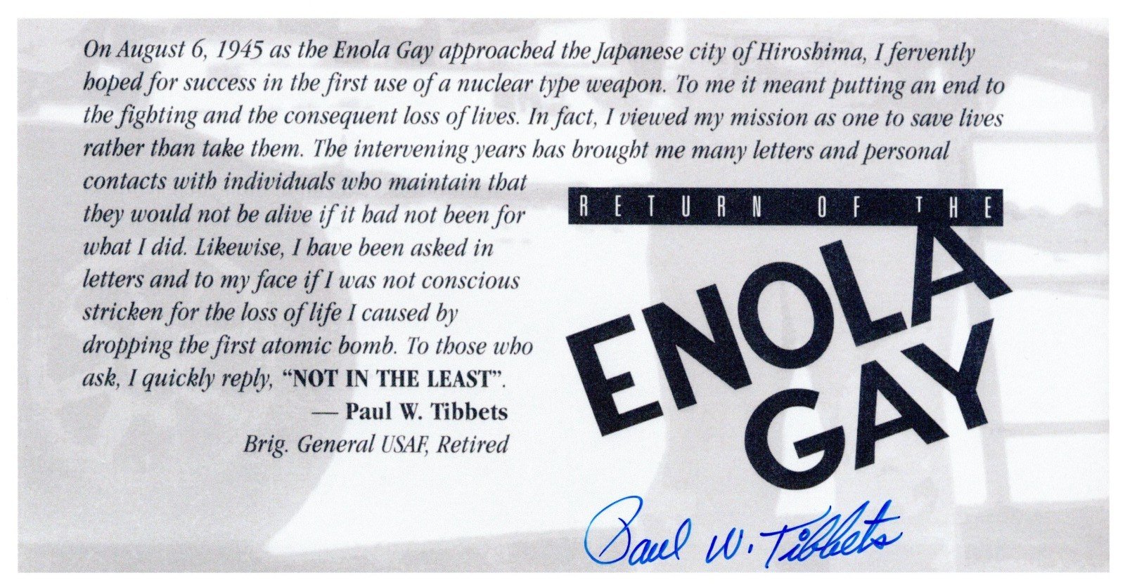 WWII Atomic Bomb: Color Copy of Book Jacket “Return of..” Autographed by Tibbets