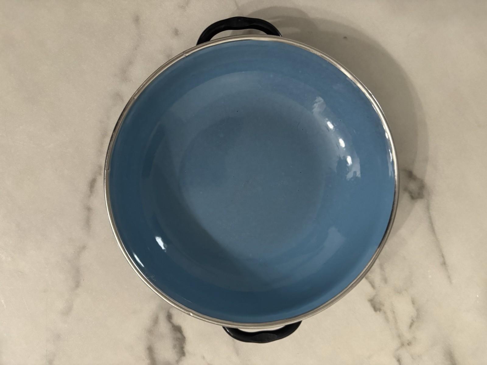 Vintage Enamel Bowl Pan Blue Interior Double Handle Made in Yugoslavia Metal
