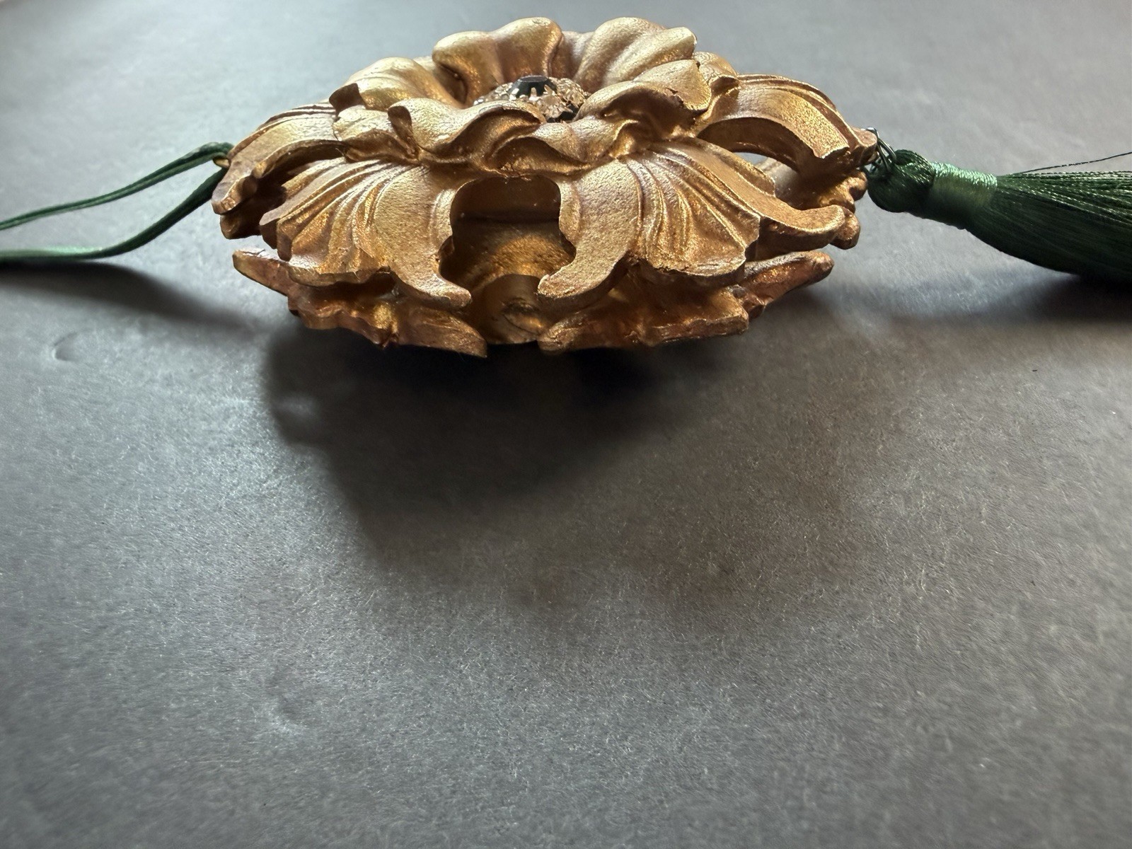 Gold Baroque Flower Ornament Green Tassel Rhinestone Center Velvet Ribbon 15”