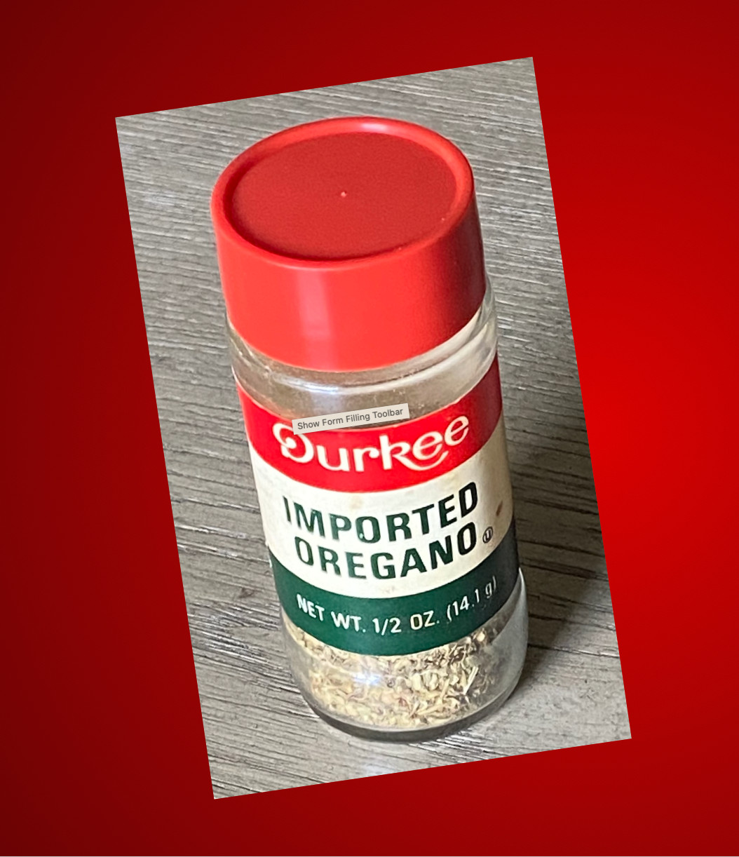 🔴 Durkee imported OREGANO glass bottle vtg spice jar with RED Lid Shaker top