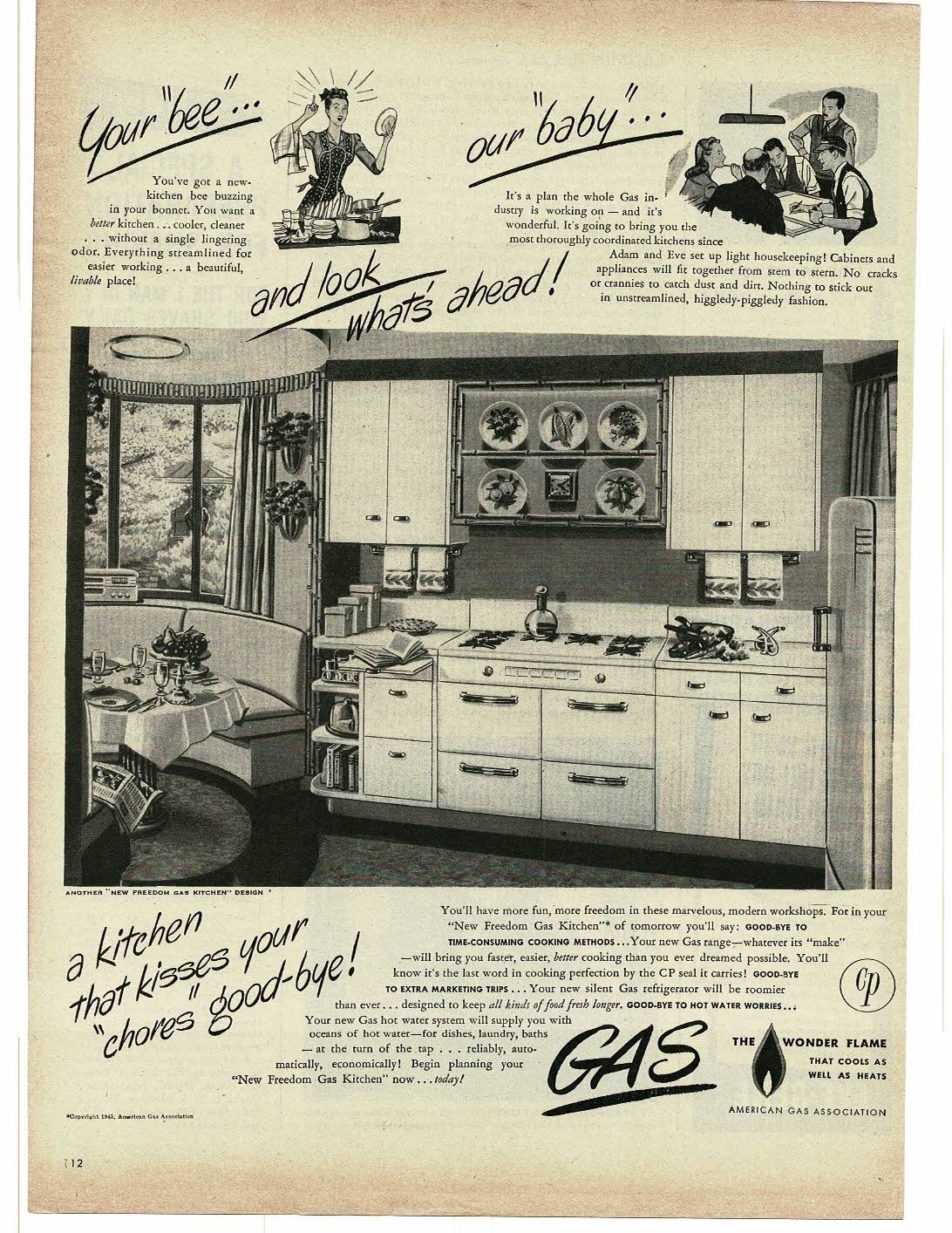 1945 American Gas Association MCM 1940s Kitchen Appliances Decor art Print Ad 2