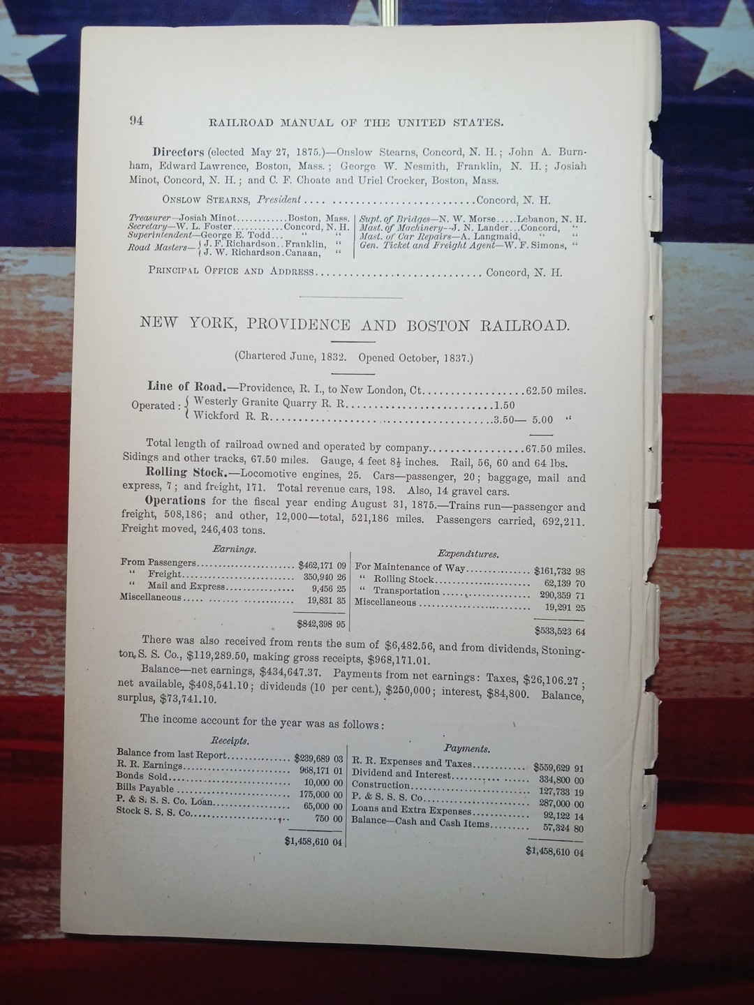 1877 Train Report NEW YORK PROVIDENCE & BOSTON RAILROAD Stonington CT Wickford