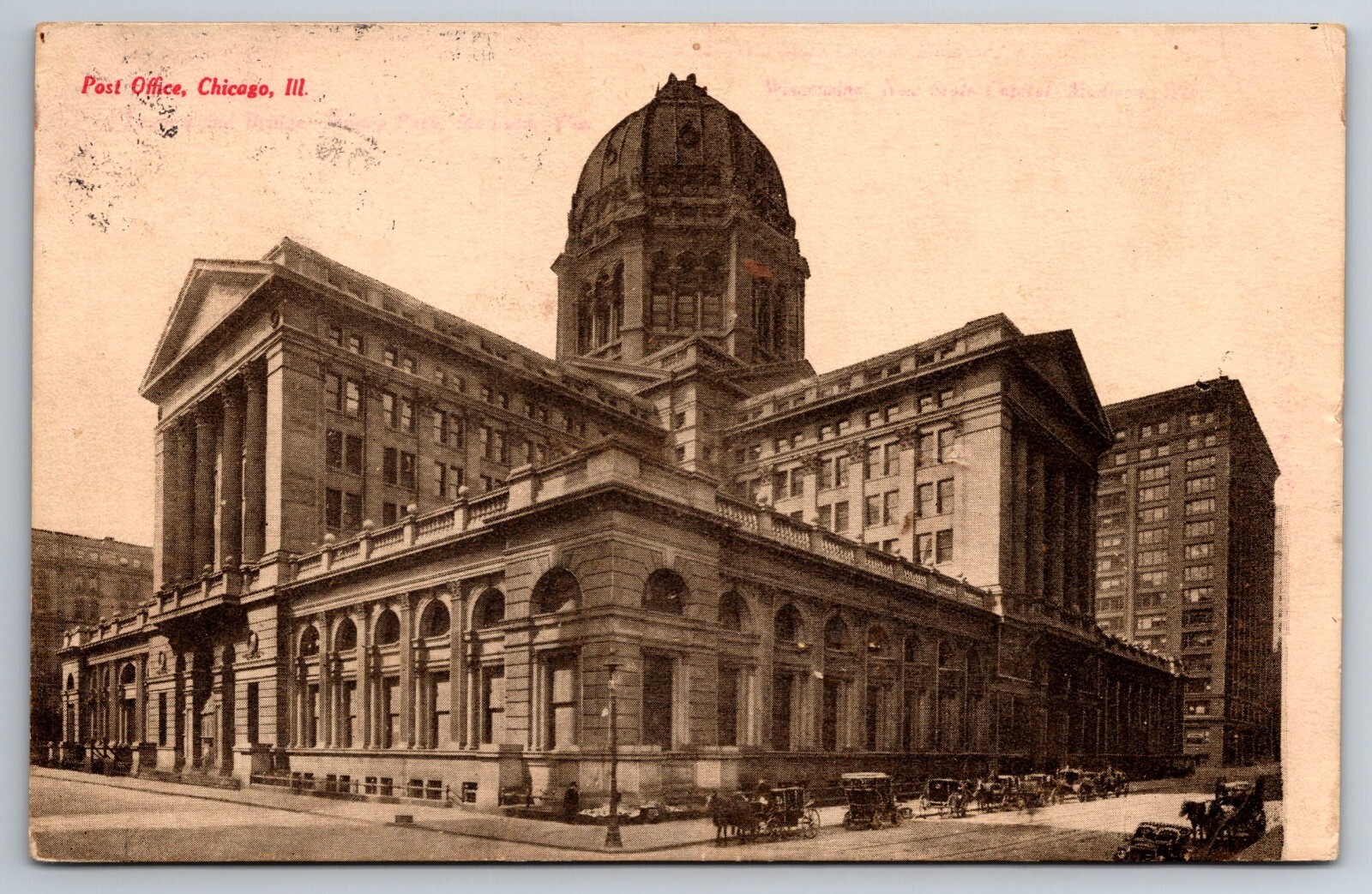 Vintage Postcard IL Chicago Post Office Street View Horses Carriages c1908 -2077