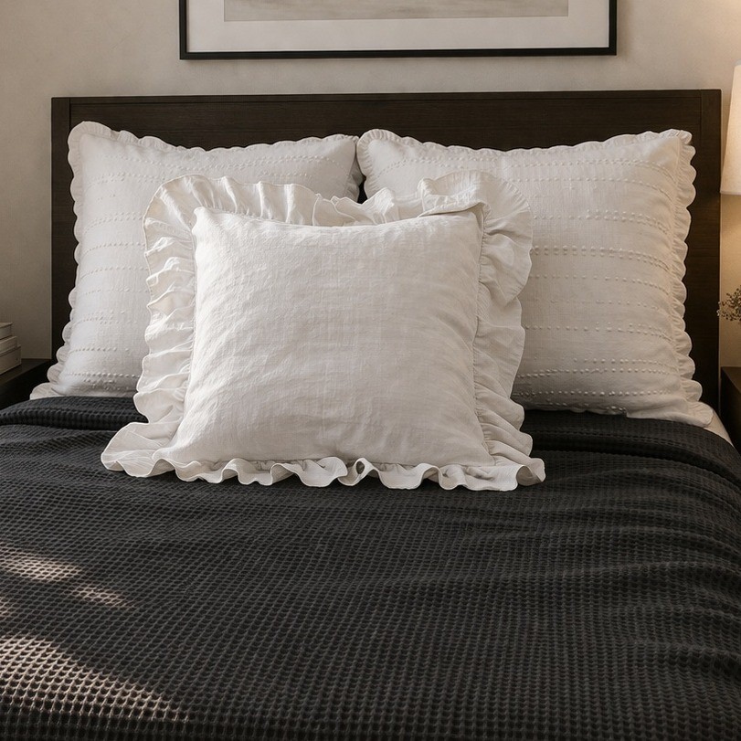 100% French Linen Decorative Pillow Sham White Ruffled Accent Farmhouse Set of 2
