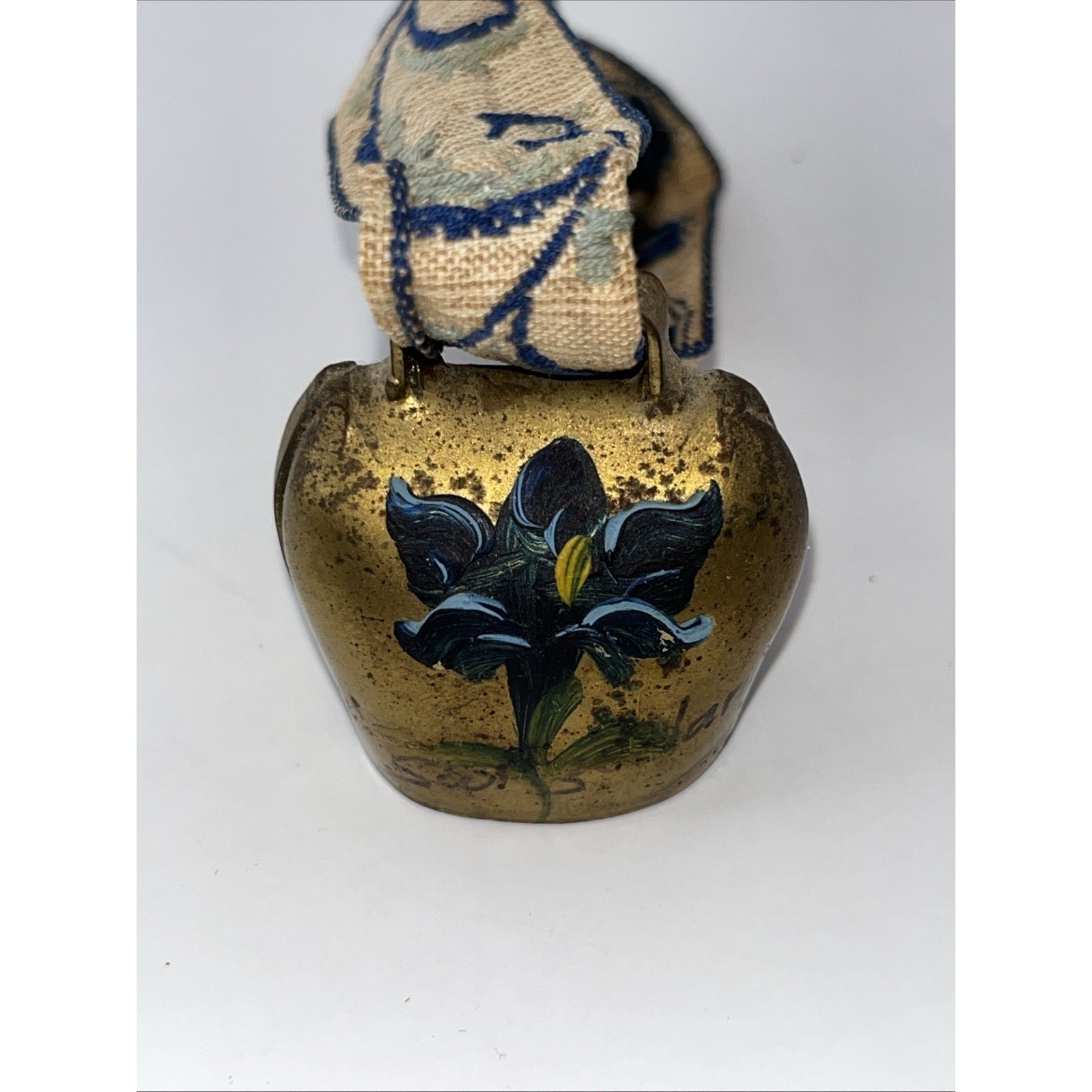 Vintage Cowbell Switzerland Brass Hand Painted With Hand Embroidered Ribbon