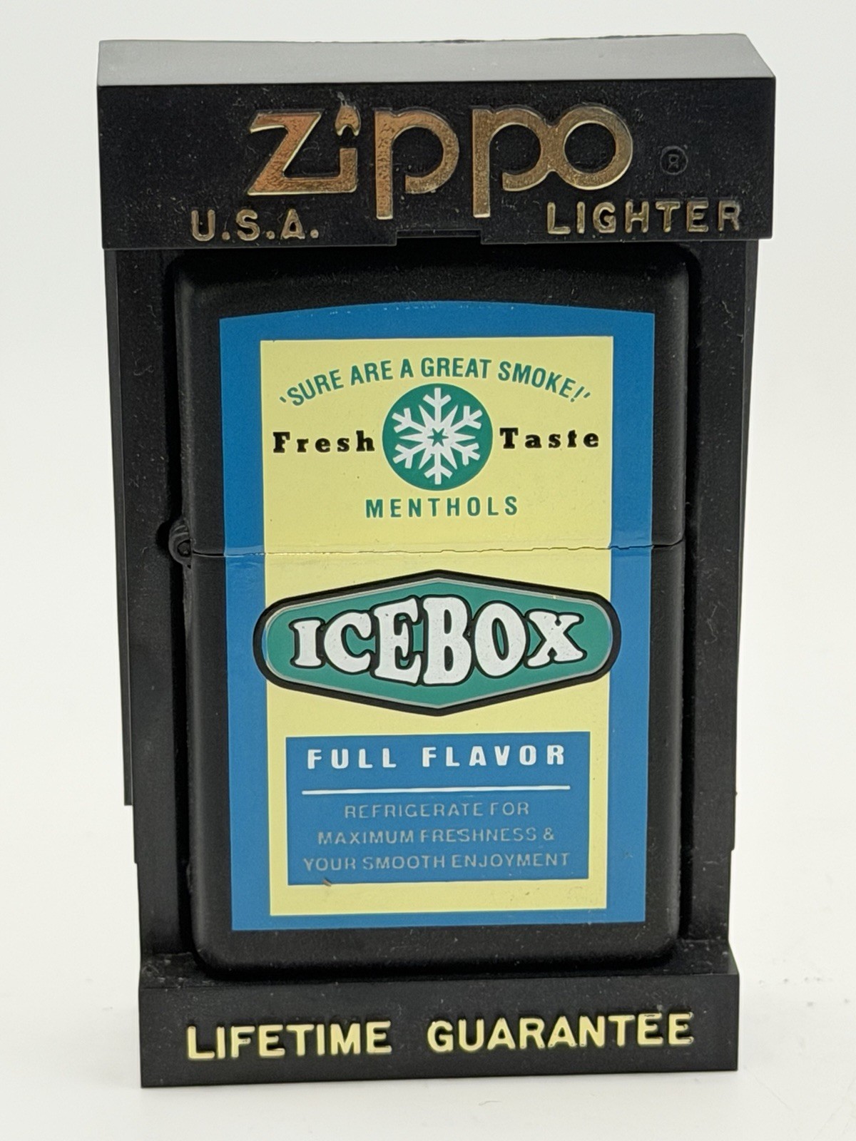 Vintage 1997 Icebox Menthols Fresh Taste Black Zippo Lighter NEW RJ Reynolds