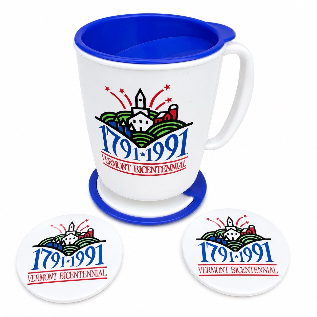 Vintage Vermont Bicentennial 1791-1991 Travel Mug With 2 Pins Promo Cup RARE