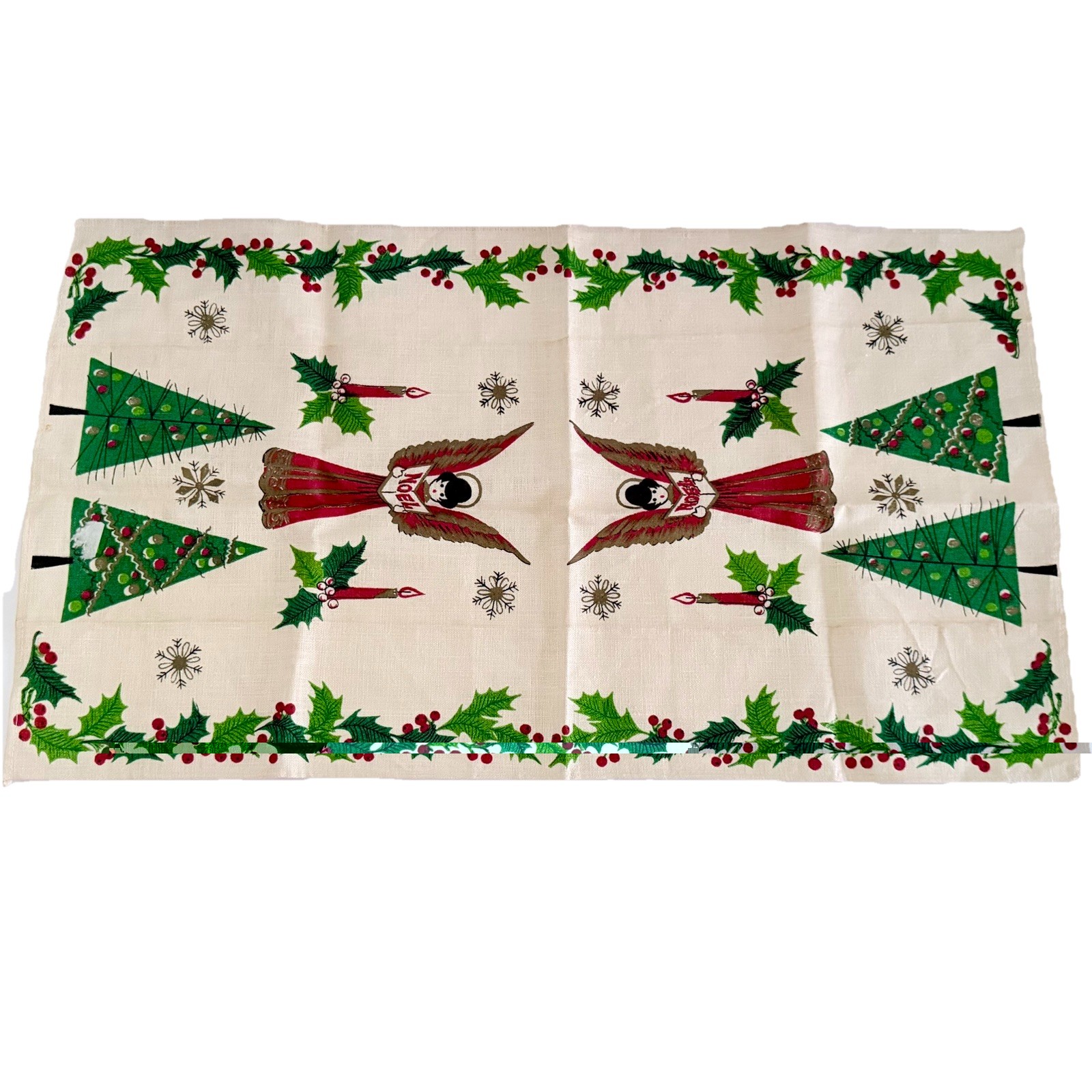 Vintage Christmas Linen Dish Towel Small Table Cover Table Runner 70s MCM 12×24”