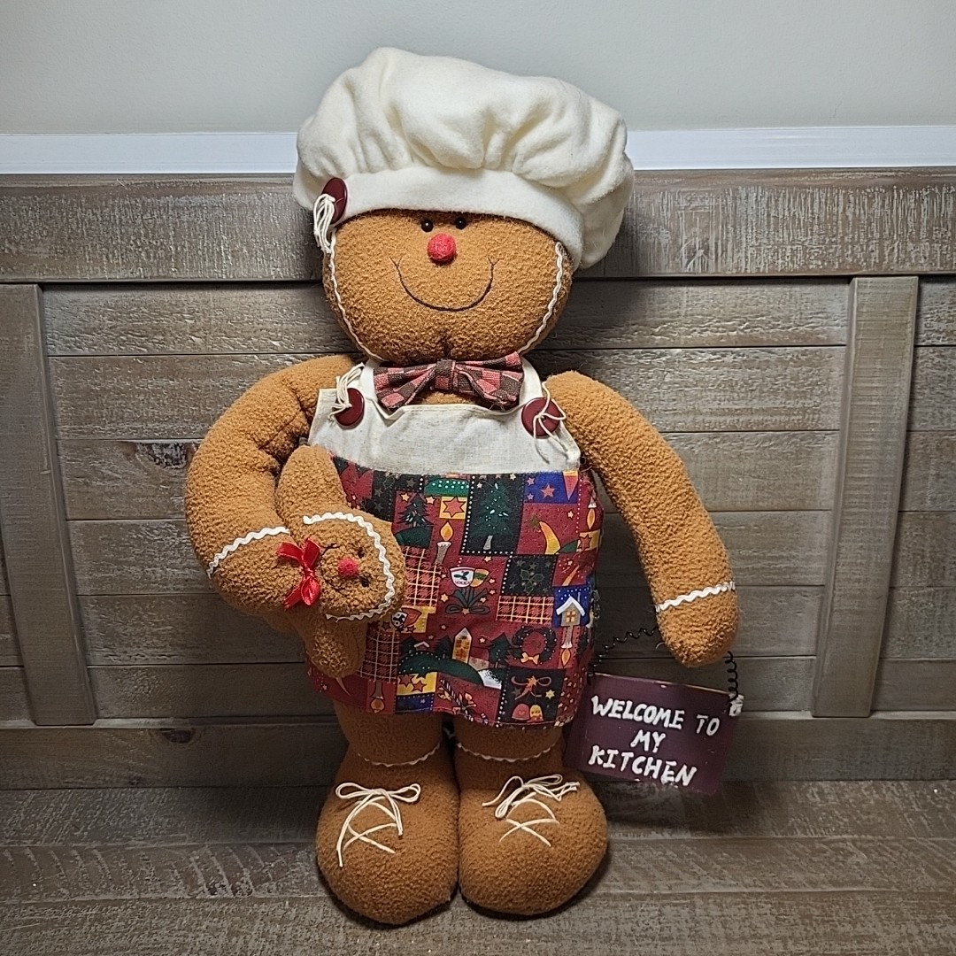 Vtg Holiday Gingerbread Man 18″ Plush Doll Christmas Decor Welcome To My Kitchen