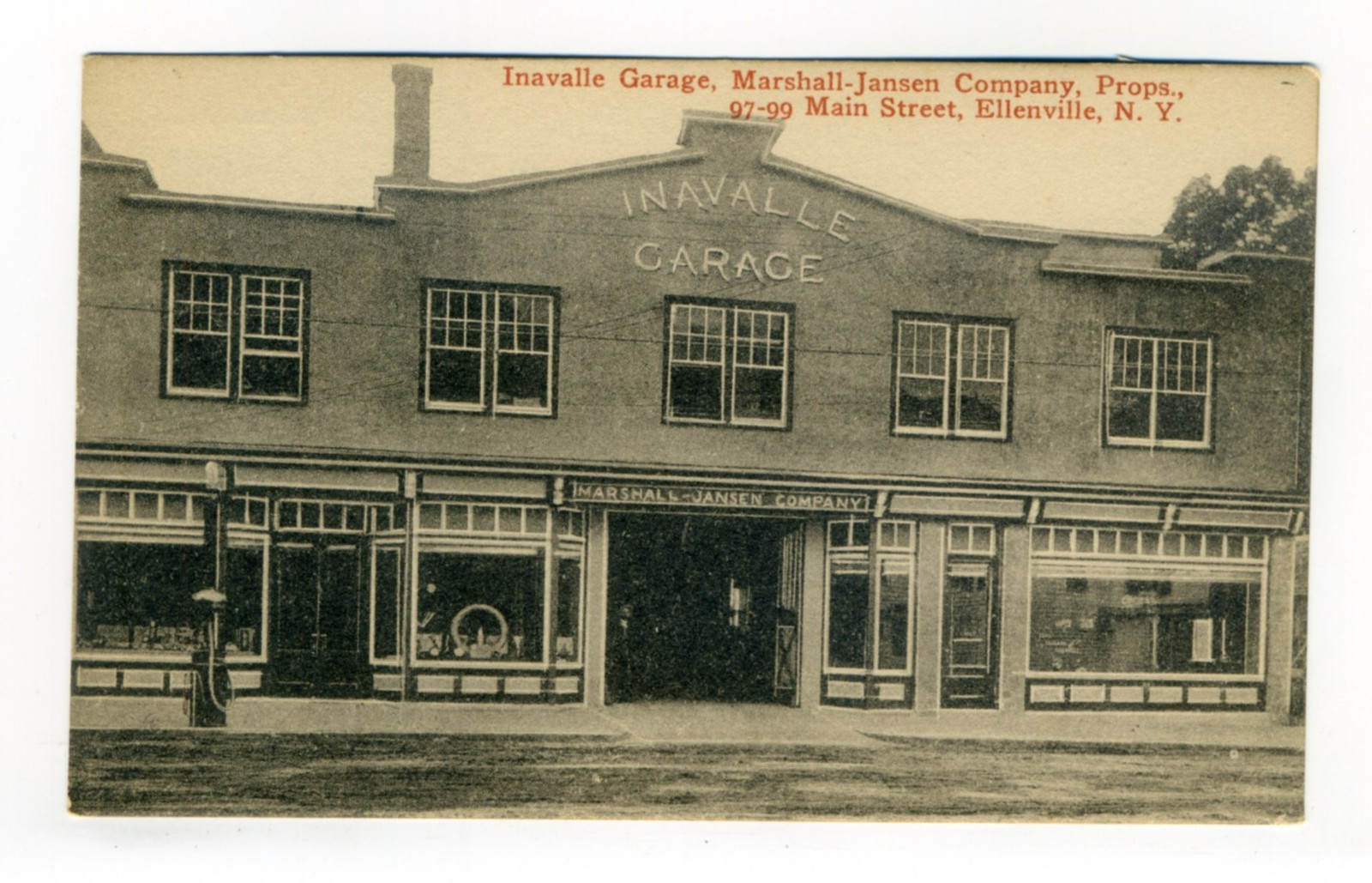 Ellenville NY Inavalle Garage, Marshall Jansen Co, 97-99 Main Street postcard