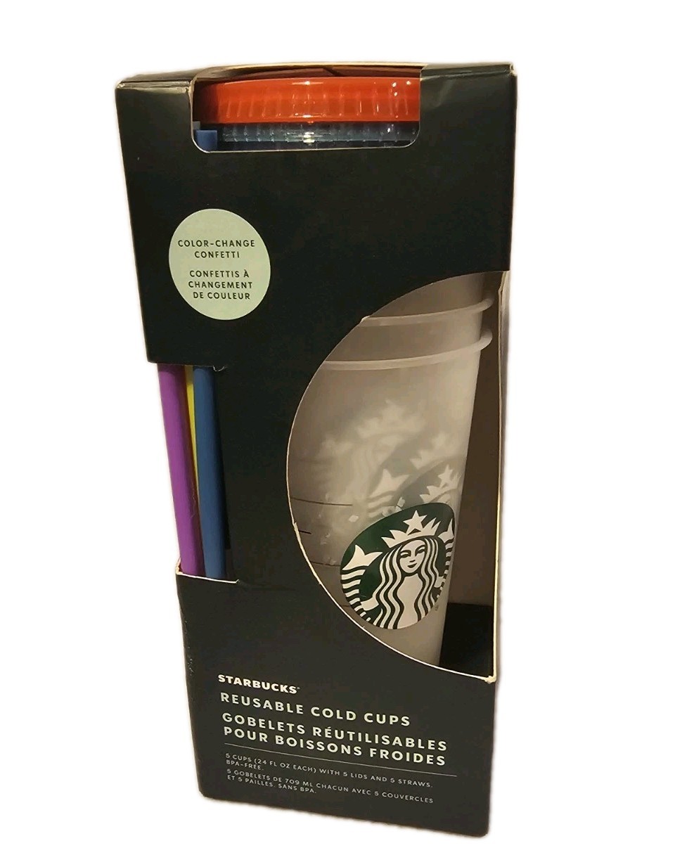 NEW Starbucks Summer 2021 Color Changing 5 Pack Confetti 24oz Cold Cups Reusable