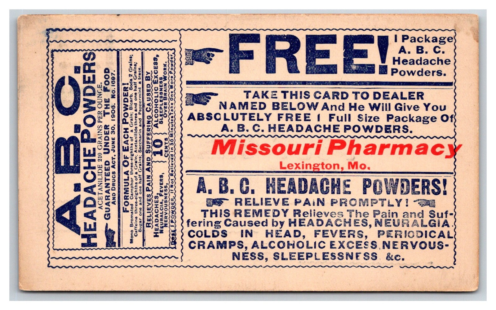 Lexington Missouri ~ Quack Medicine Advertisement from Lex Mo Pharmacy