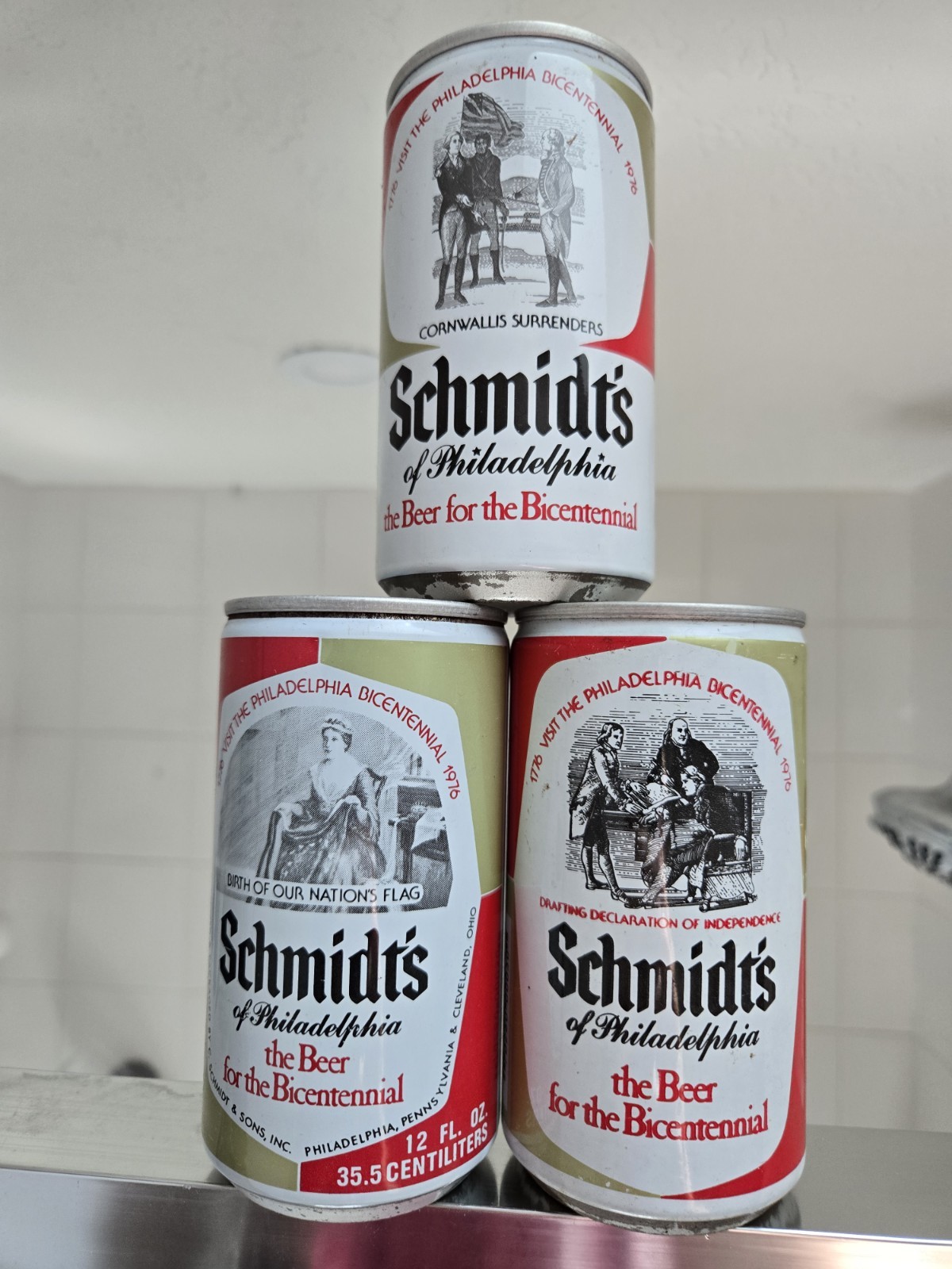 3 Diff. Schmidt’s Bicentennial Beer Cans Scenes 2 B/O, ONE Top Opened