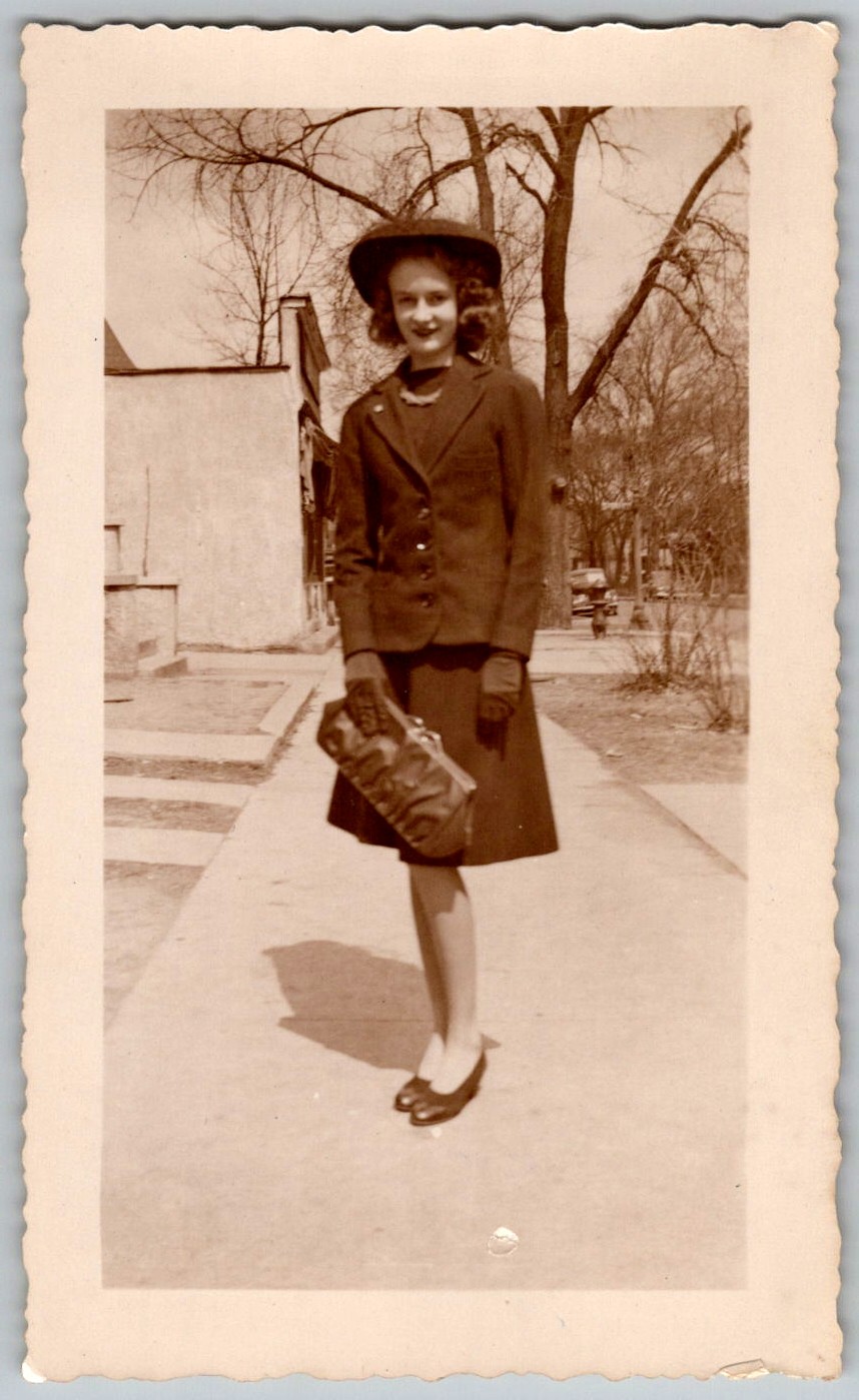 Vtg B&W Snapshot Pretty Woman Suit Hat Purse Gloves April 1942 Outdoor Street