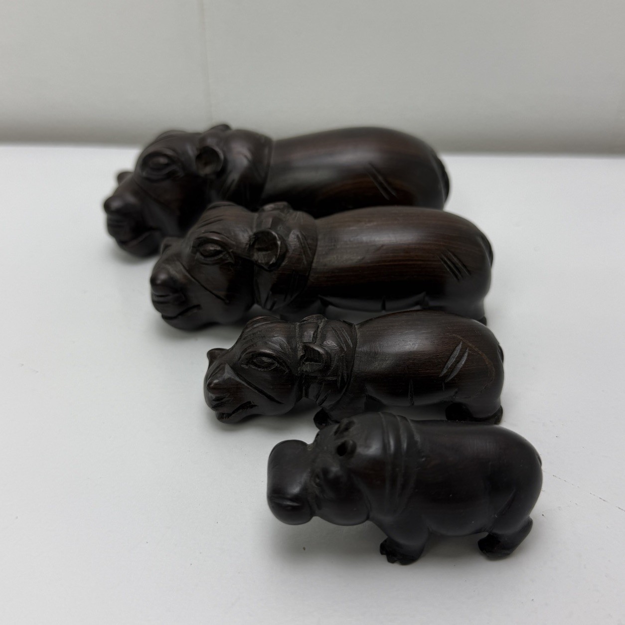 Vintage Hardwood Hippo Family Hand Carved Hippopotamus Set of 4
