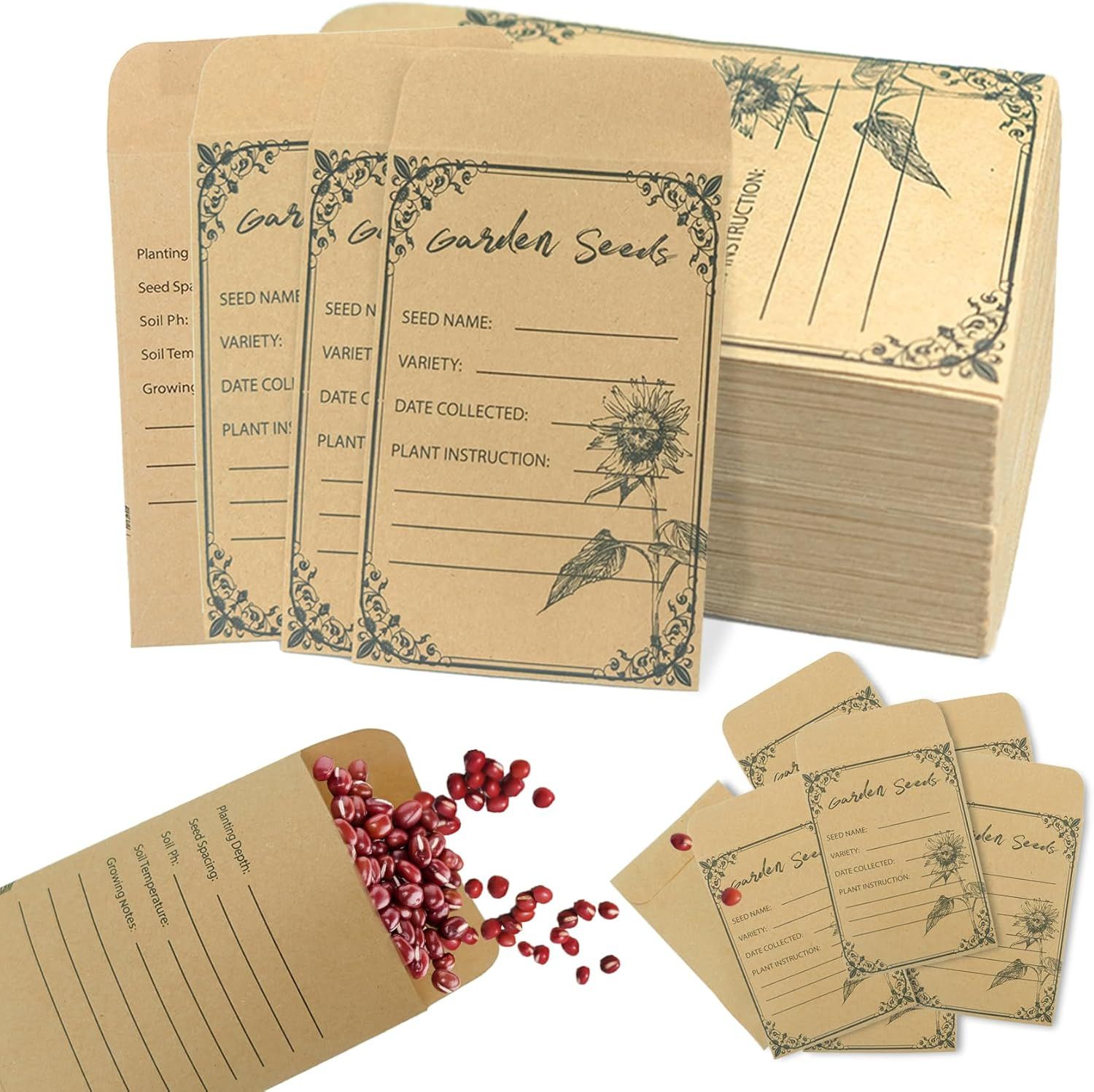 100 Pack Seed Storage Envelopes Kraft Paper Self-Seal Seed Saving Packets