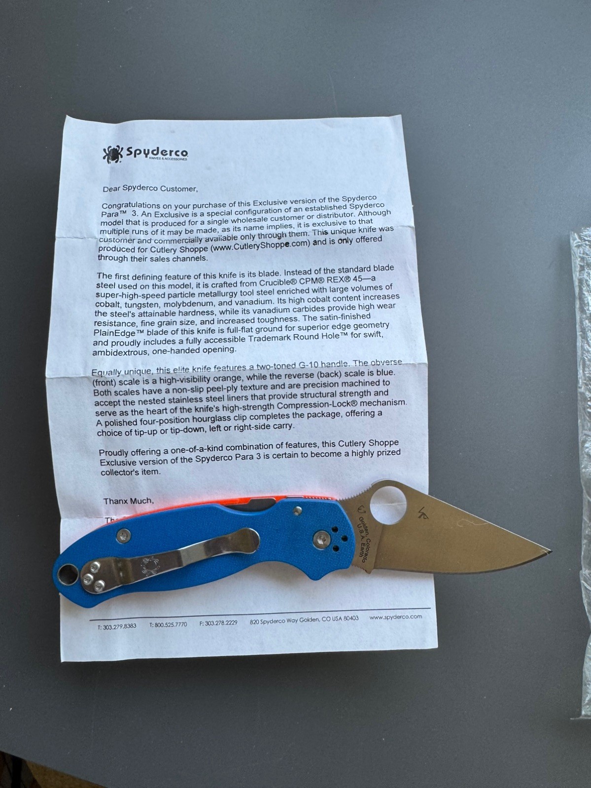 Spyderco Para 3 CPM REX45 Blue Orange Cutlery Shoppe Exclusive C223GPORBL